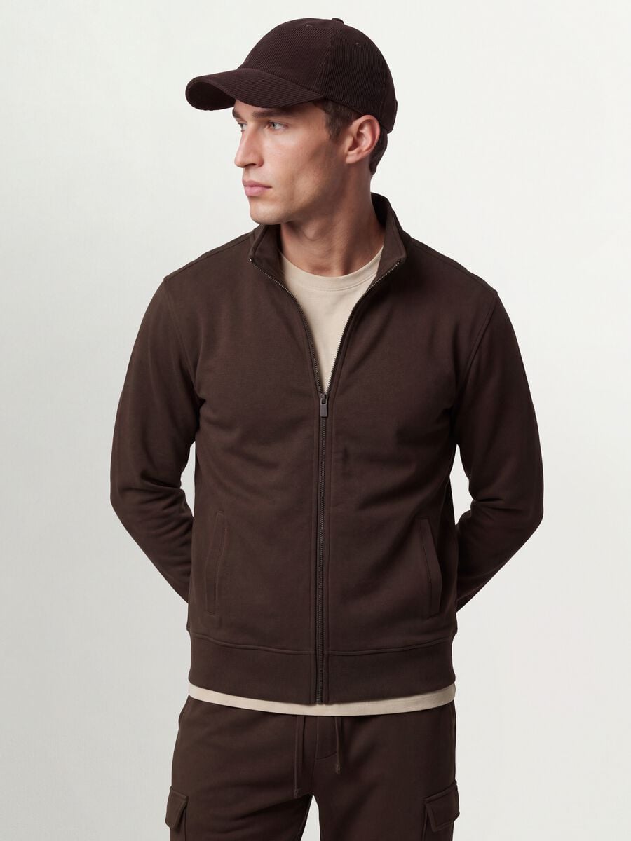 Brown cotton-blend sweatshirt with crew neck and zip, regular fit_0