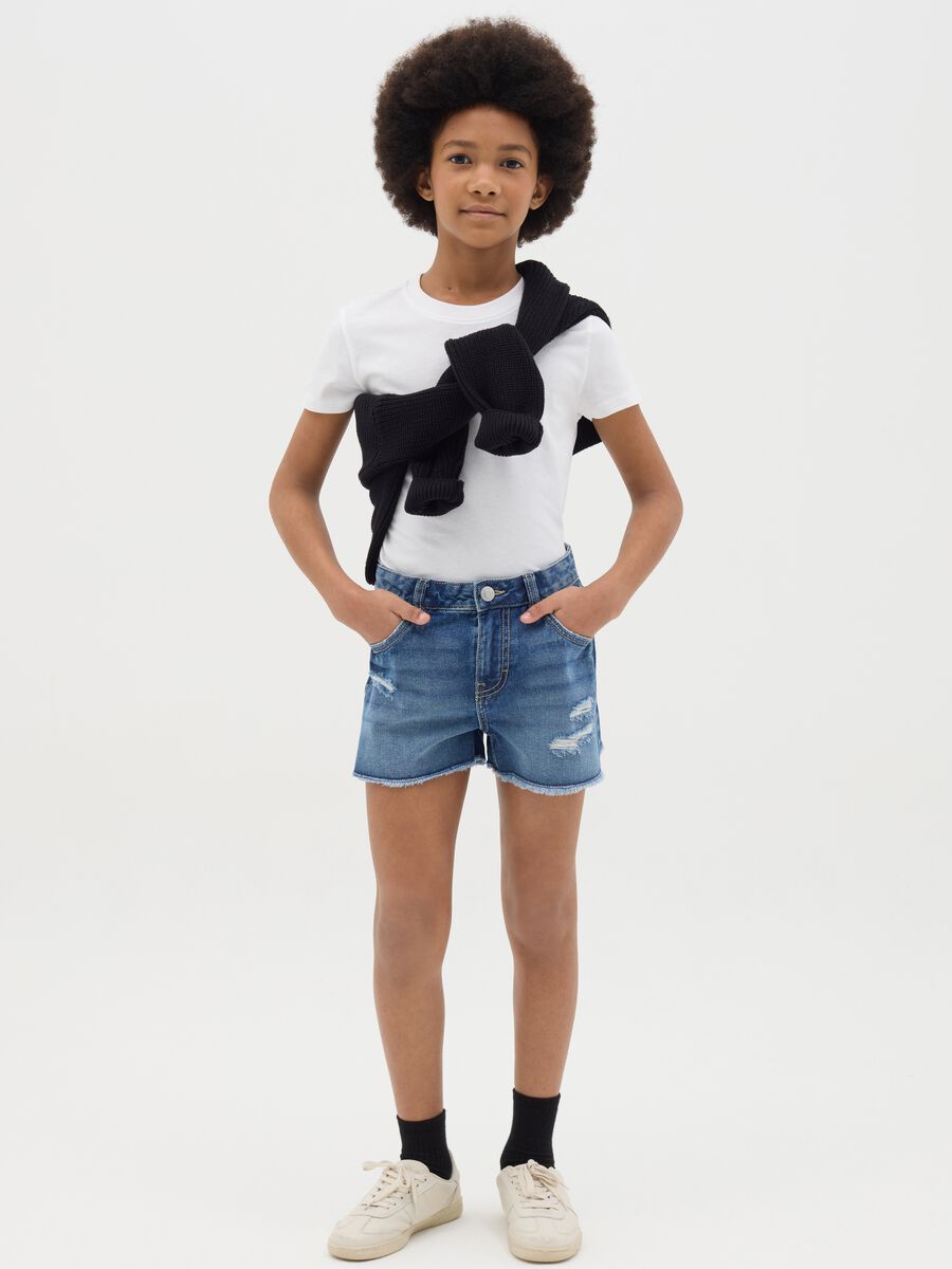 Denim shorts with five pockets and abrasions_1