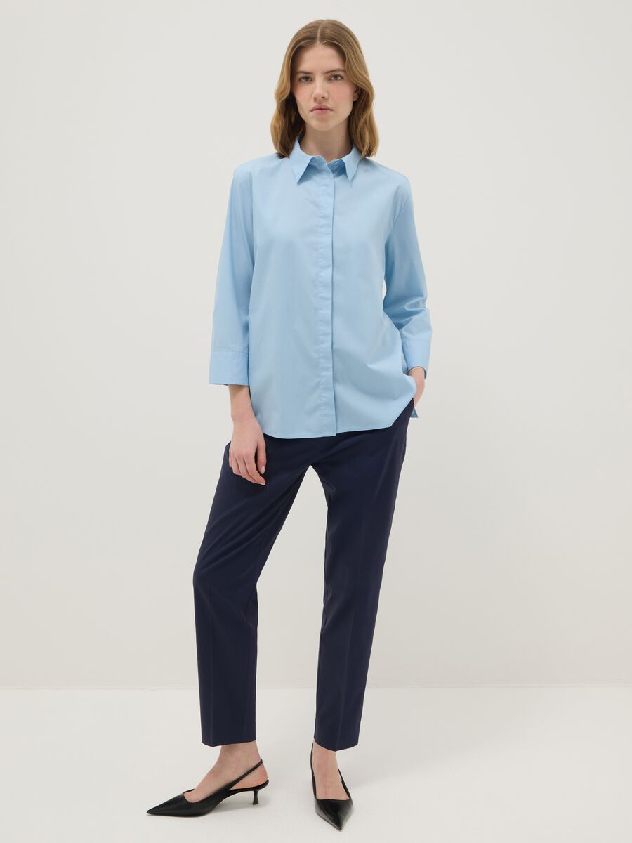 Blue Stretch Cotton Satin Trousers Regular Fit_0
