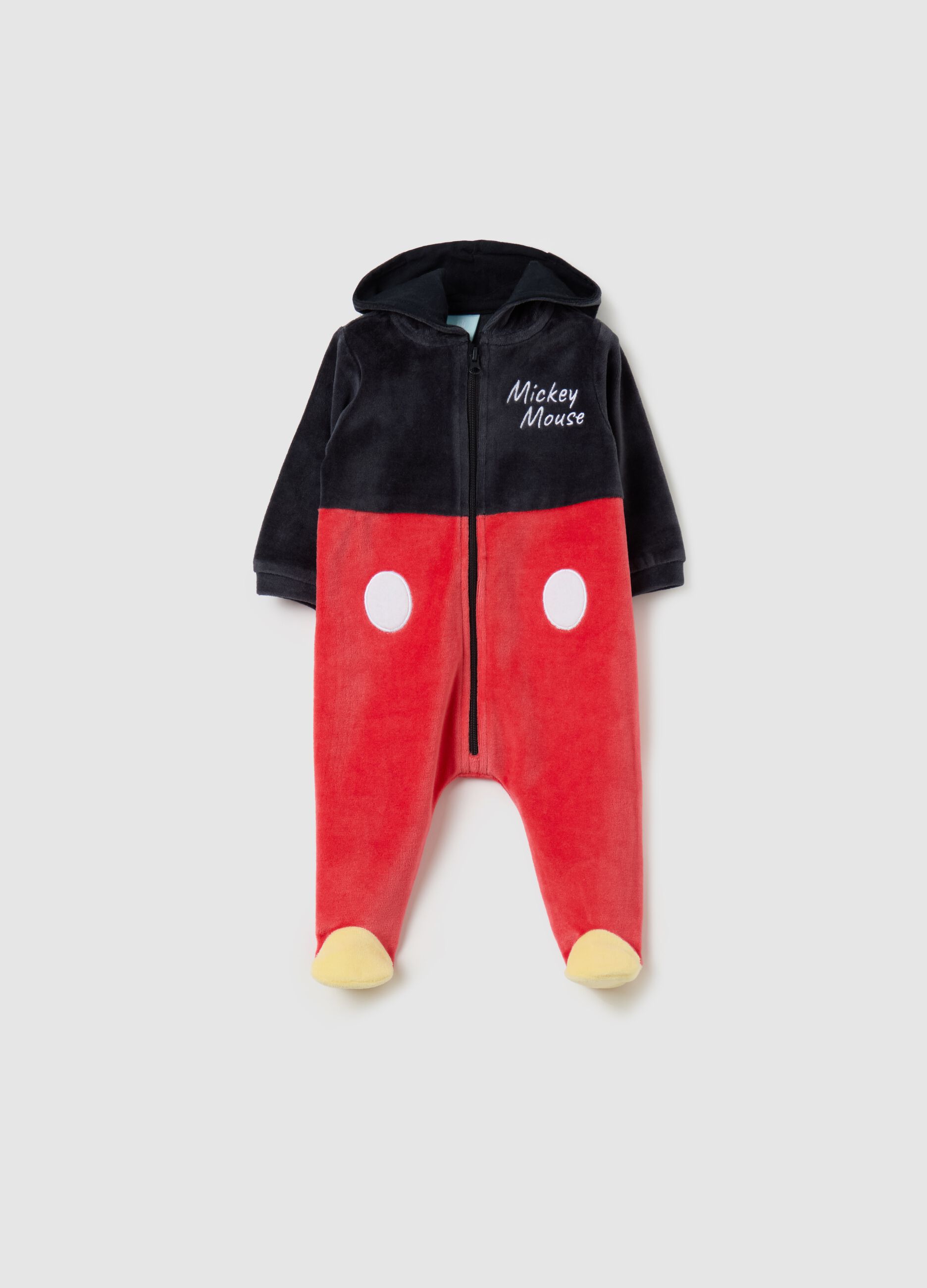 Tutina in velour con piedini ricamo Topolino