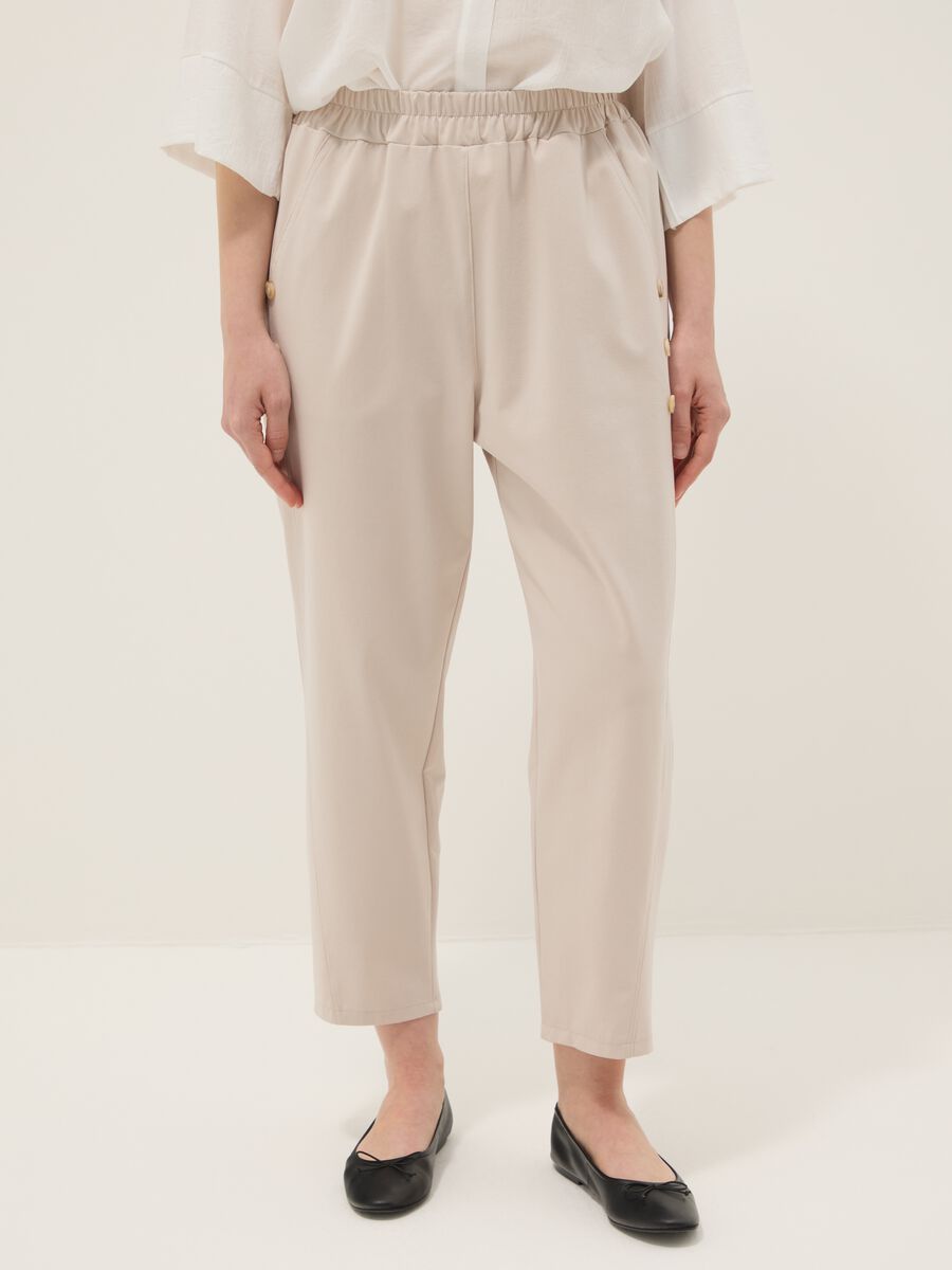 Beige regular-fit stretch cotton trousers with elasticated waist_2