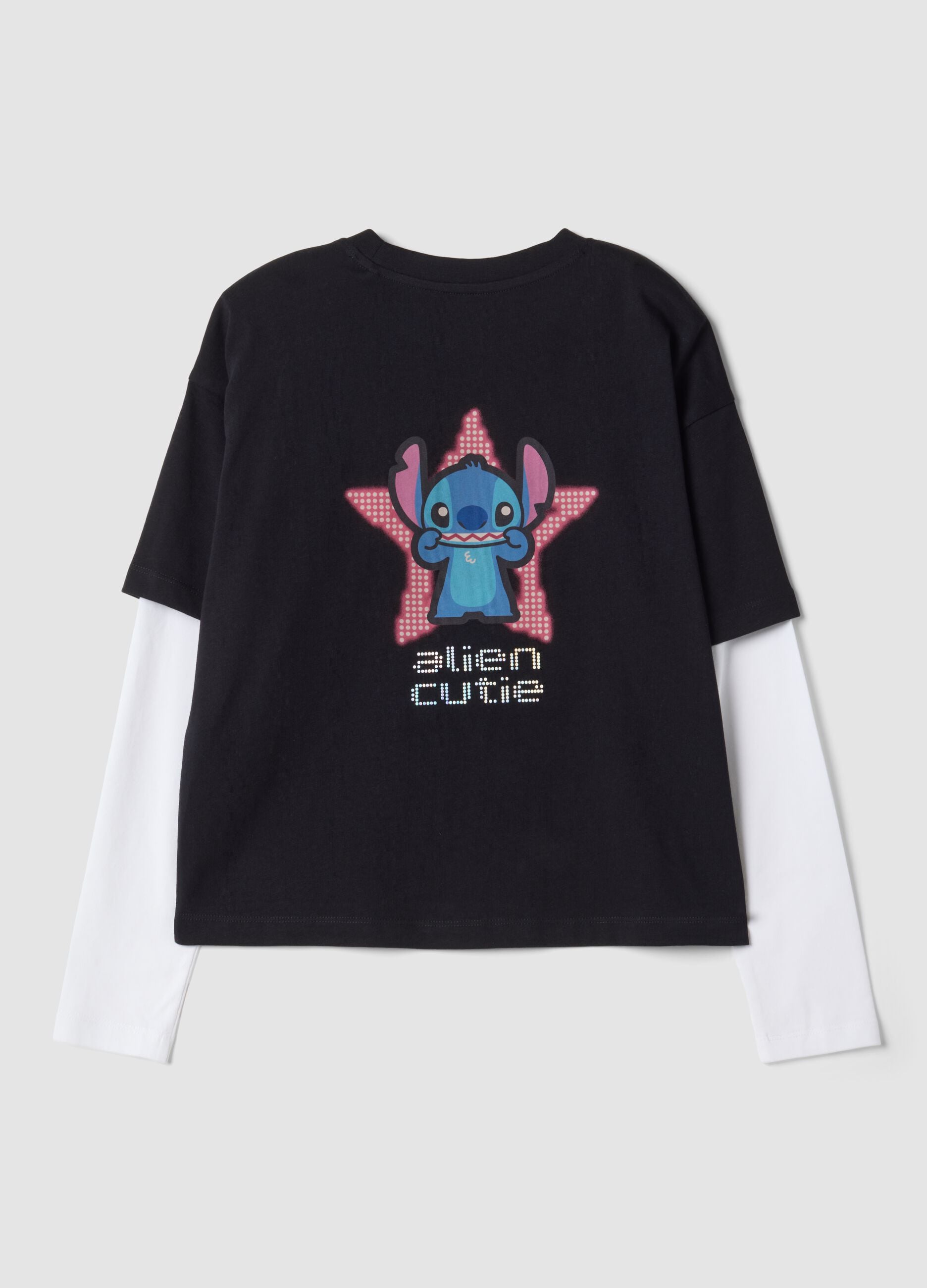 T-shirt nera in puro cotone con collo a costine e stampa Stitch