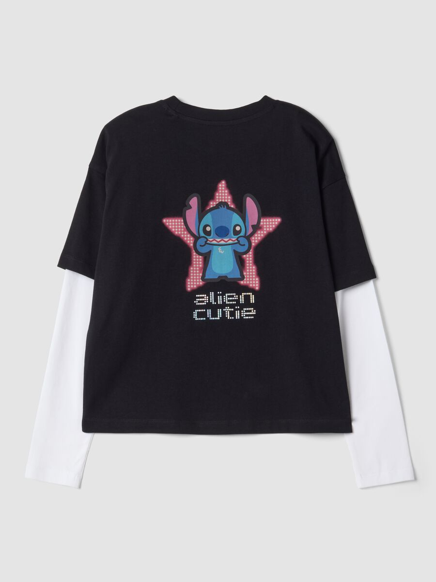 T-shirt nera in puro cotone con collo a costine e stampa Stitch_5