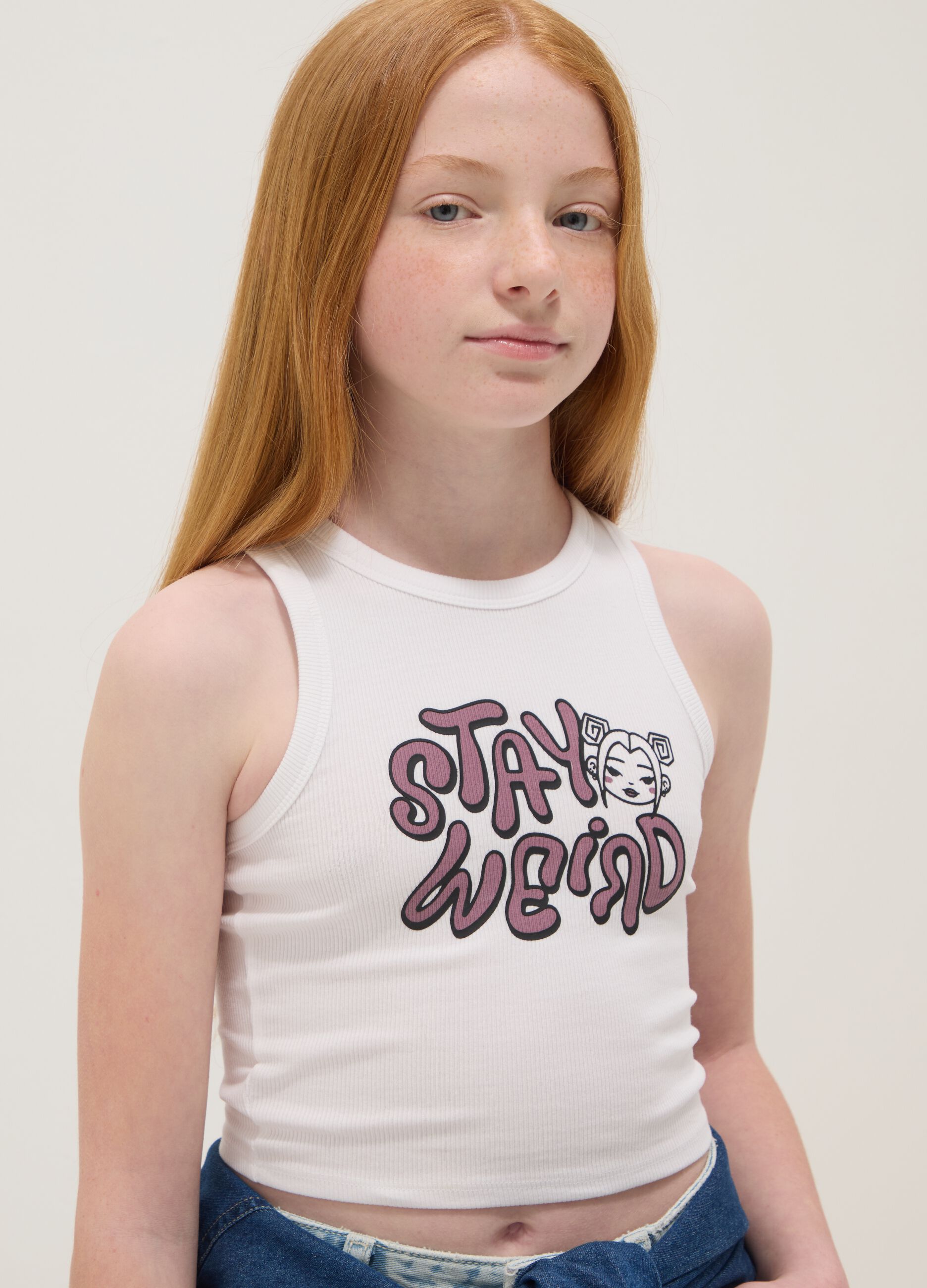 White stretch cotton fitted printed tank top for girls