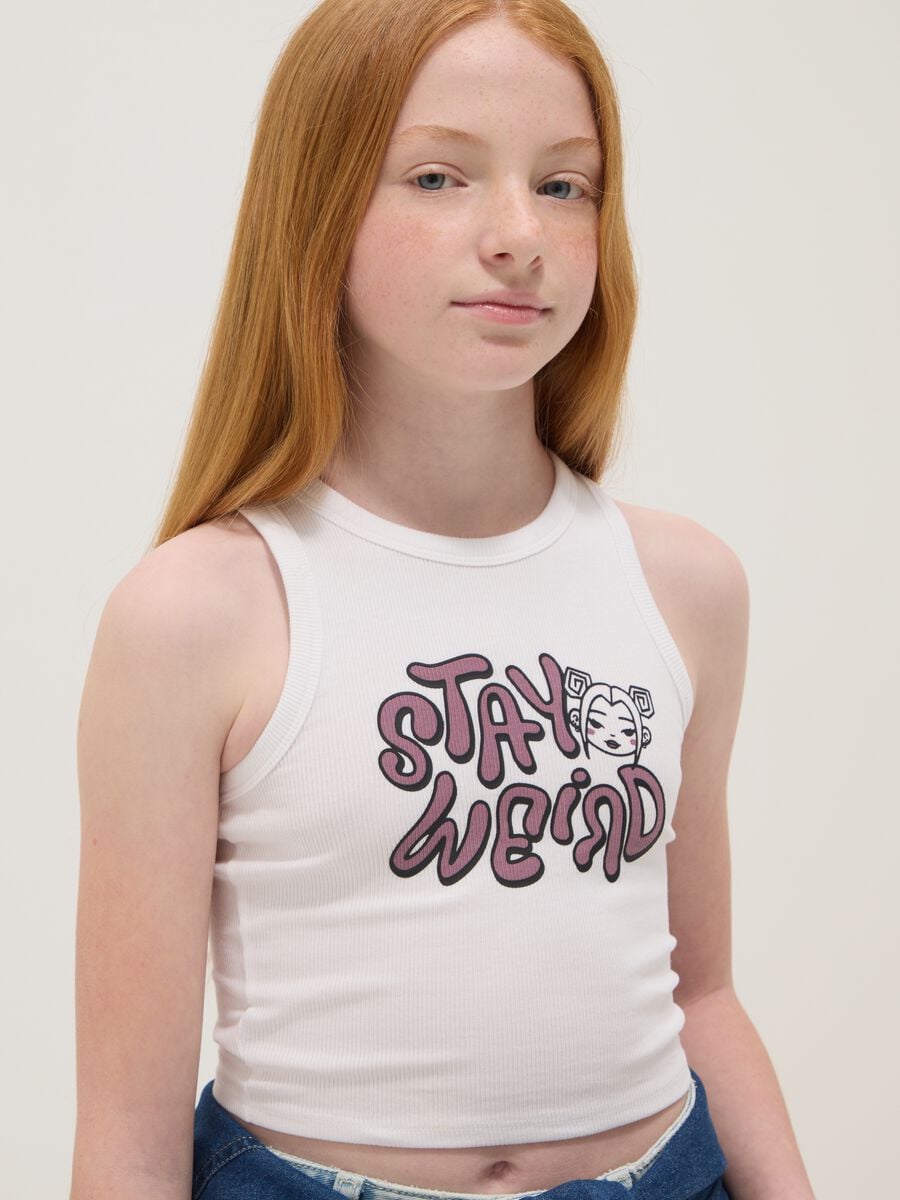 Tank top bianco in cotone elasticizzato con stampa per ragazza fitted_2