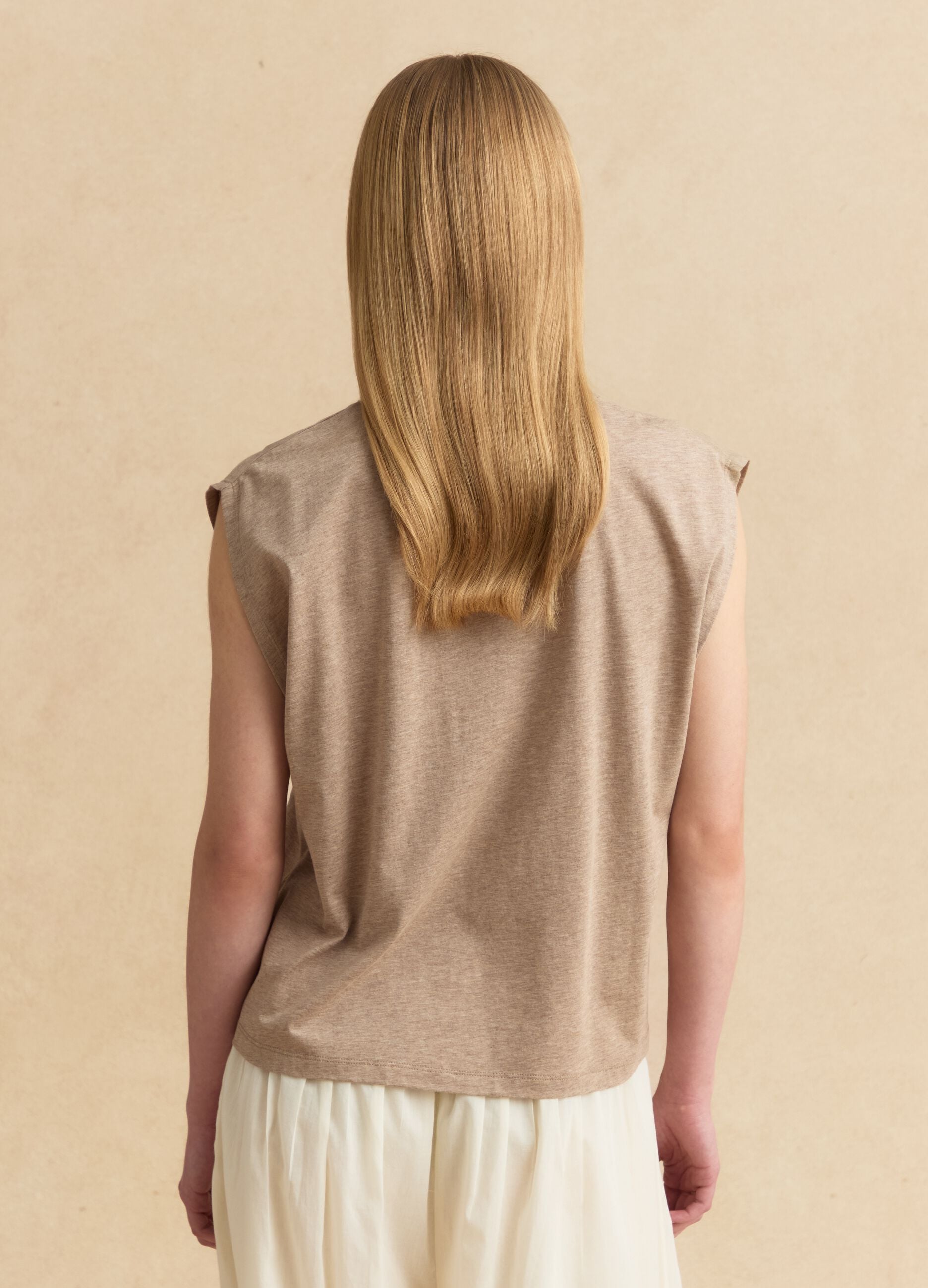 Beige regular-fit lyocell and cotton blend T-shirt with wide sleeves