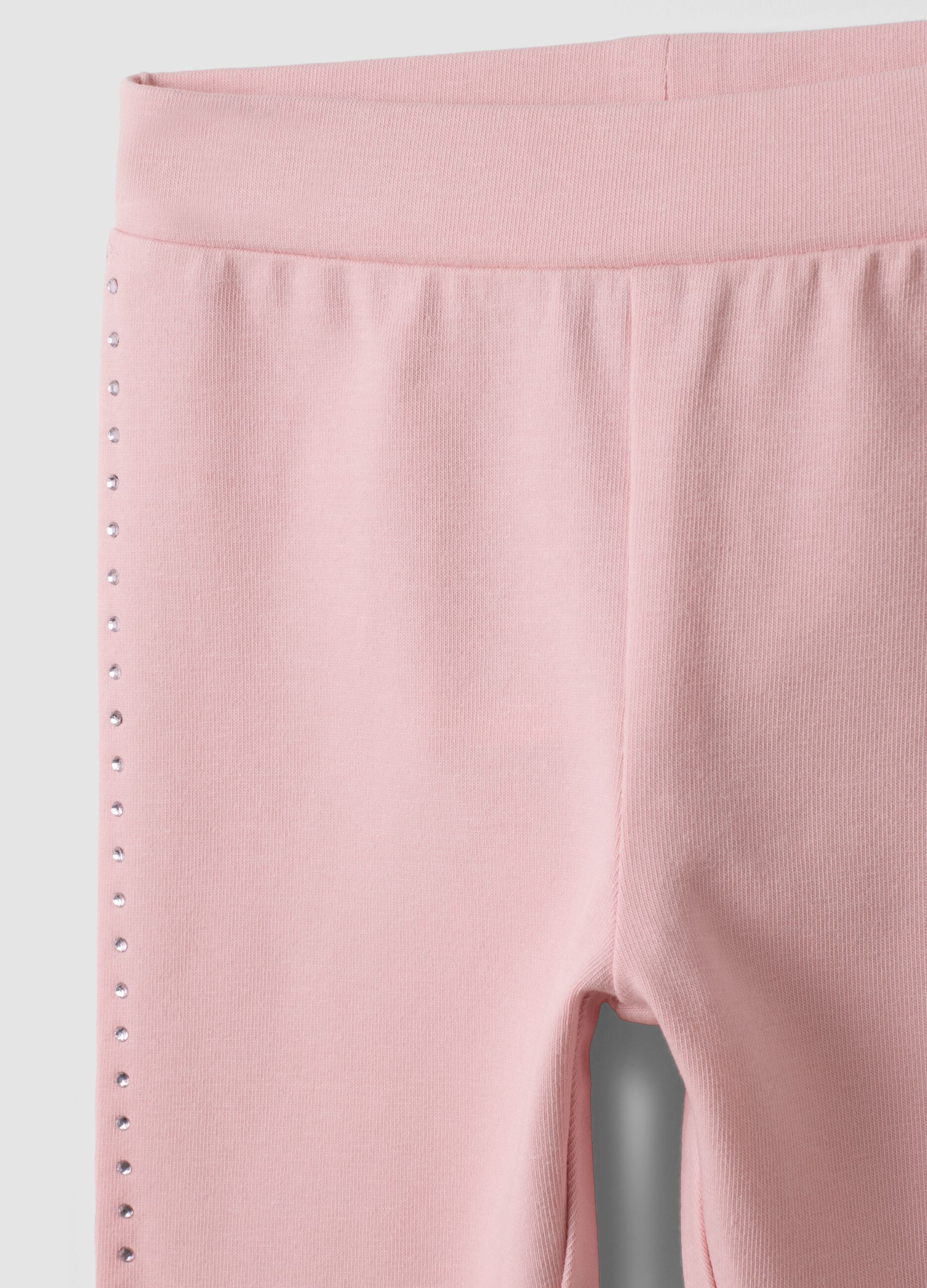 Leggings rosa in cotone organico elasticizzato con strass per bimba