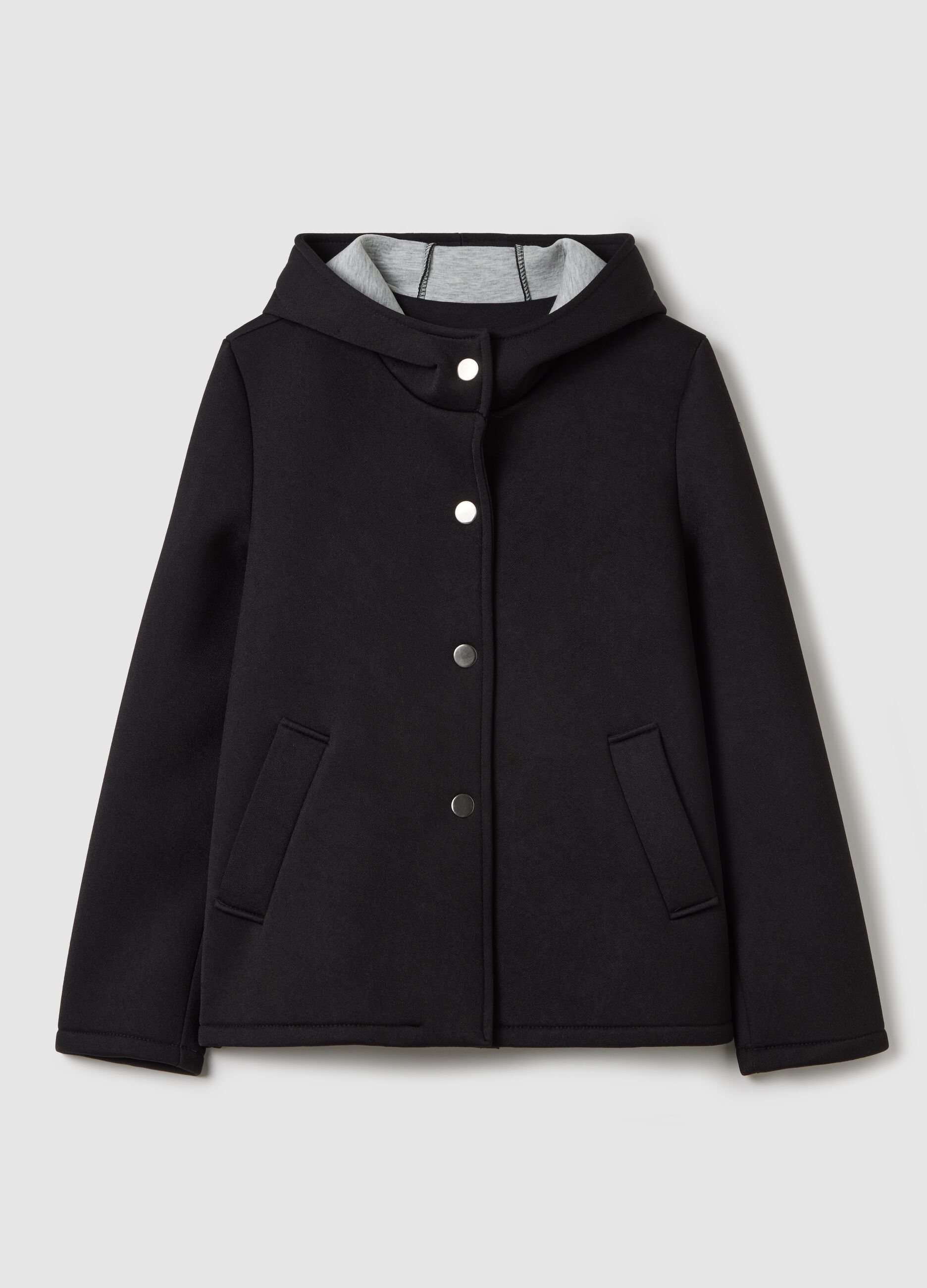 Short jacket with hood and buttons