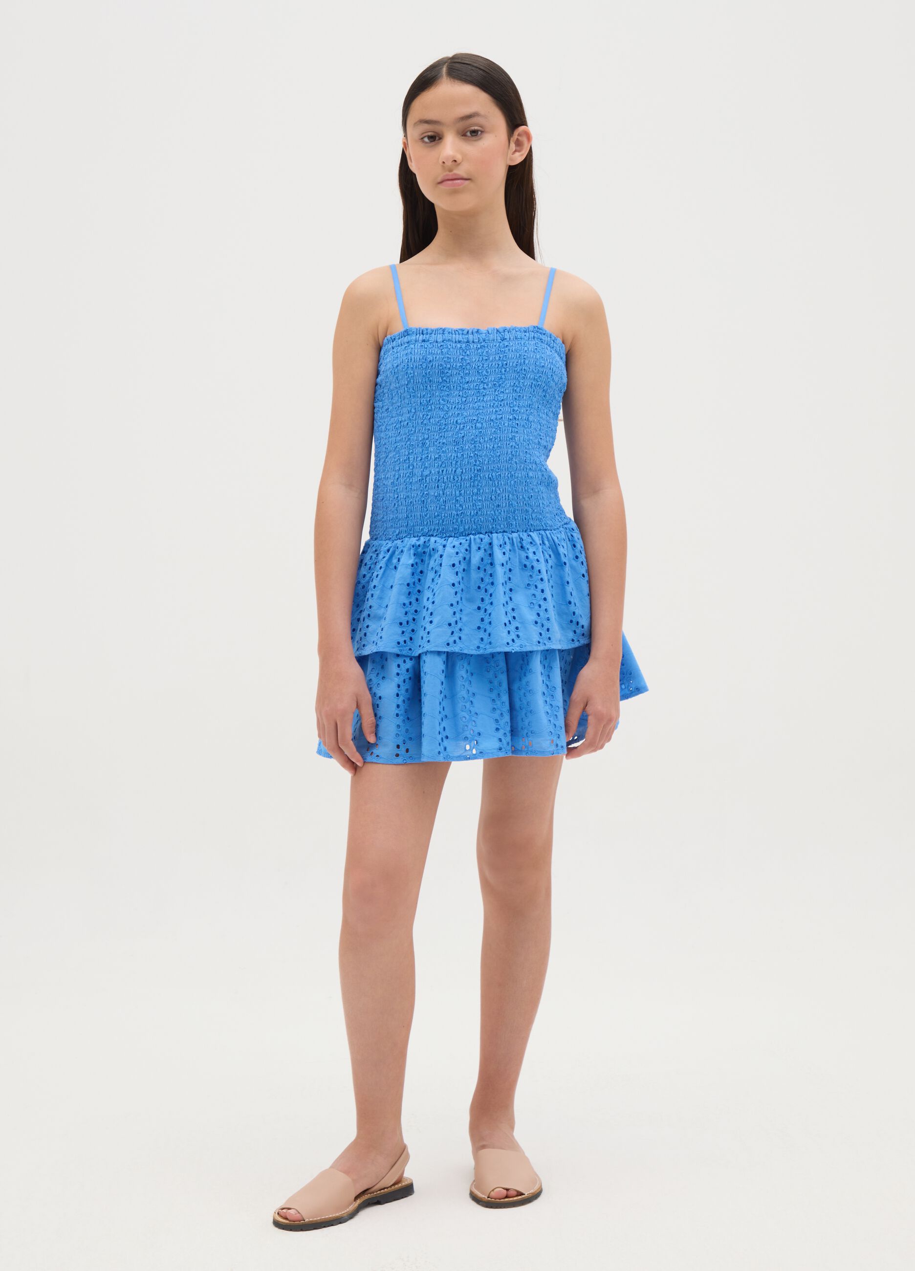 Abito da ragazza in puro cotone blu regular fit con balze e spalline sottili