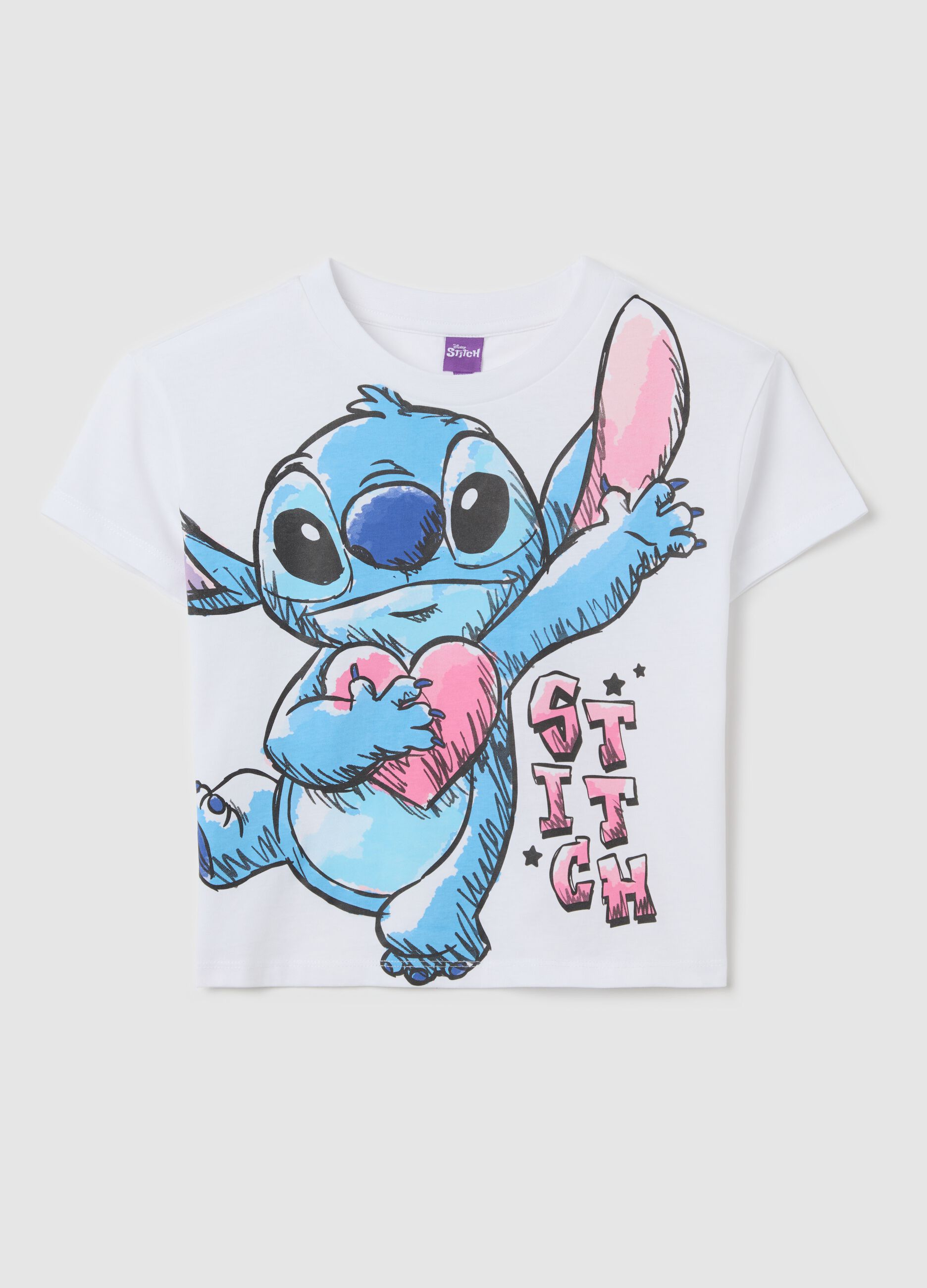 White crop T-shirt in cotton with Stitch print