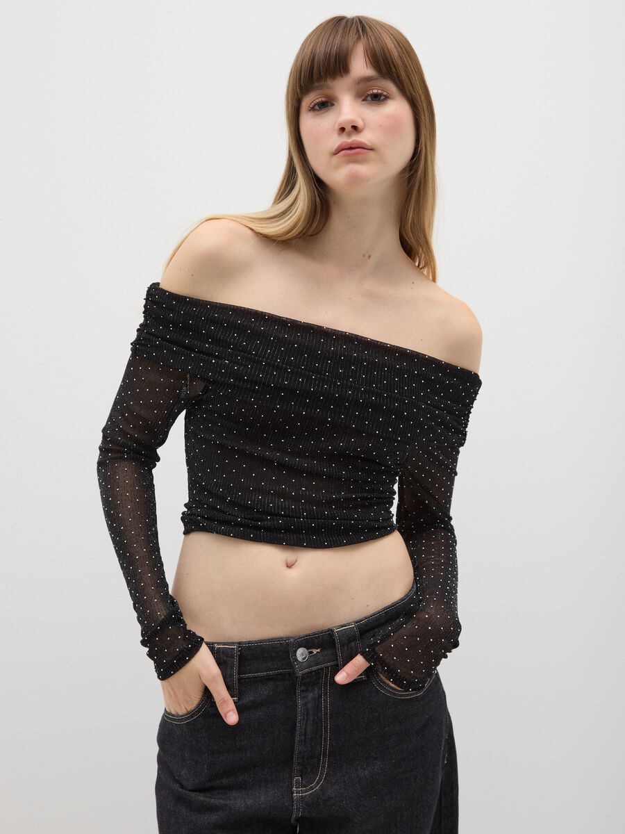 Black Stretch Fabric Top with Off-the-Shoulder Design_0