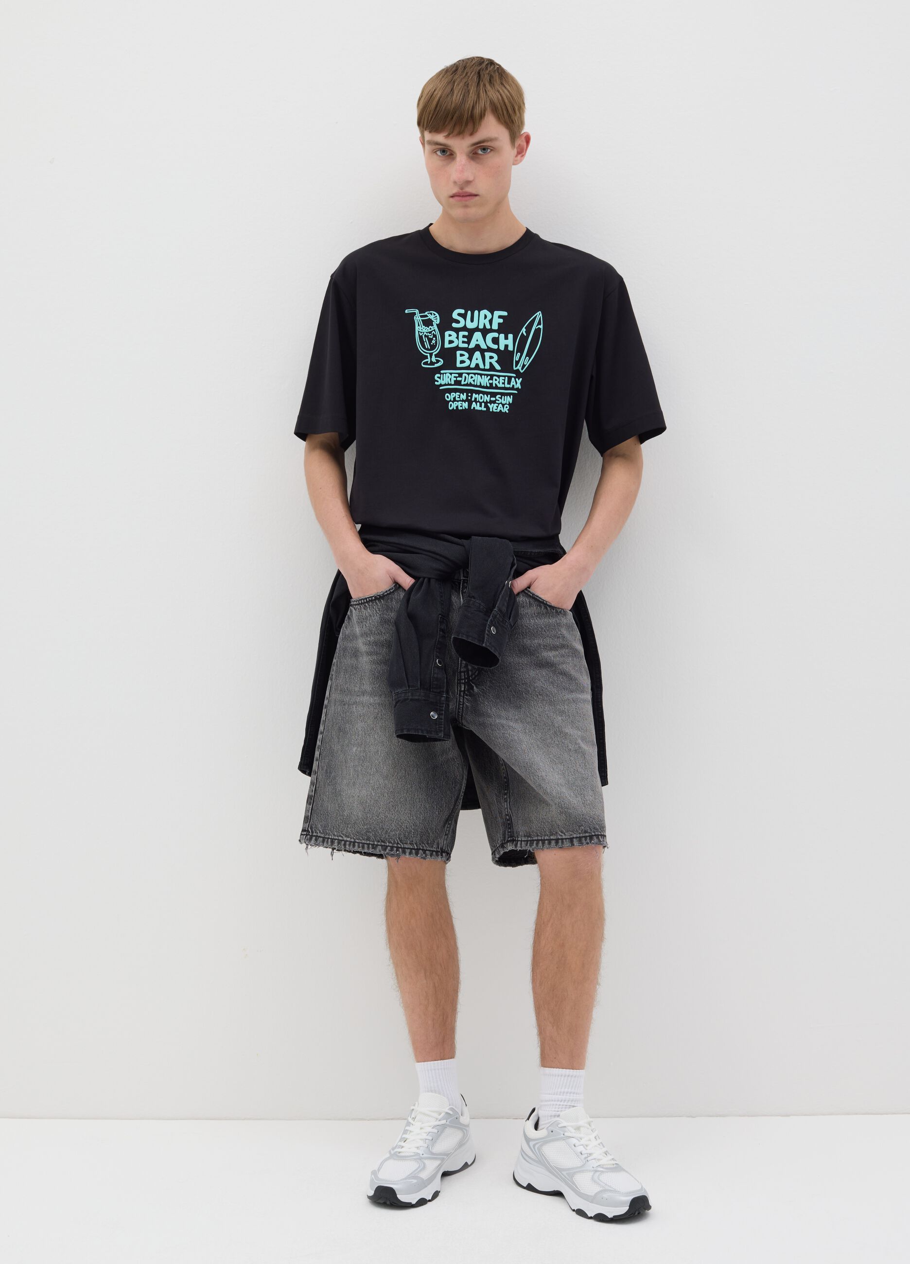 Black Short Sleeve T-shirt with Surf Beach Bar Print