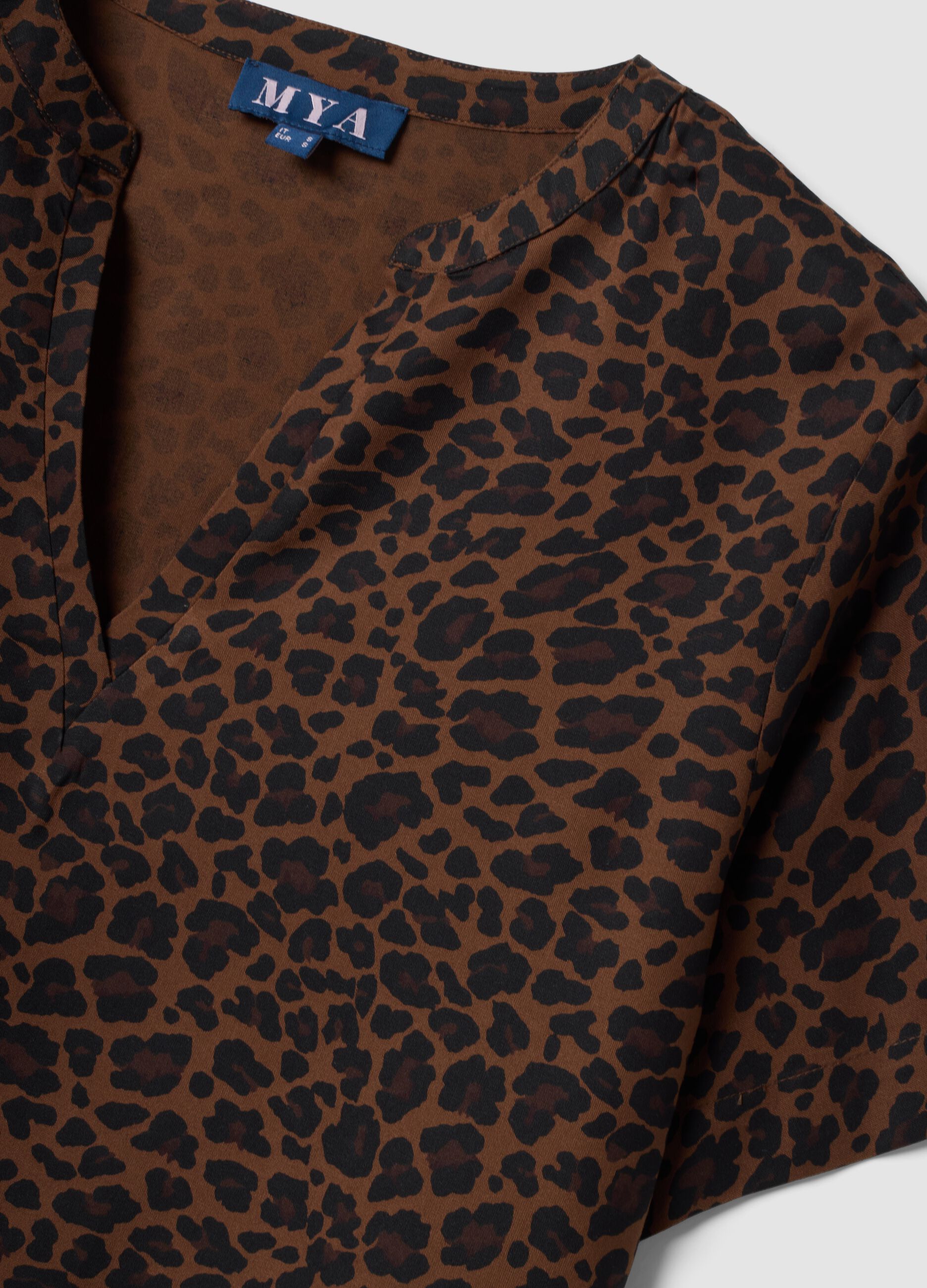 Brown pure viscose blouse with Mandarin collar and animal print, regular fit