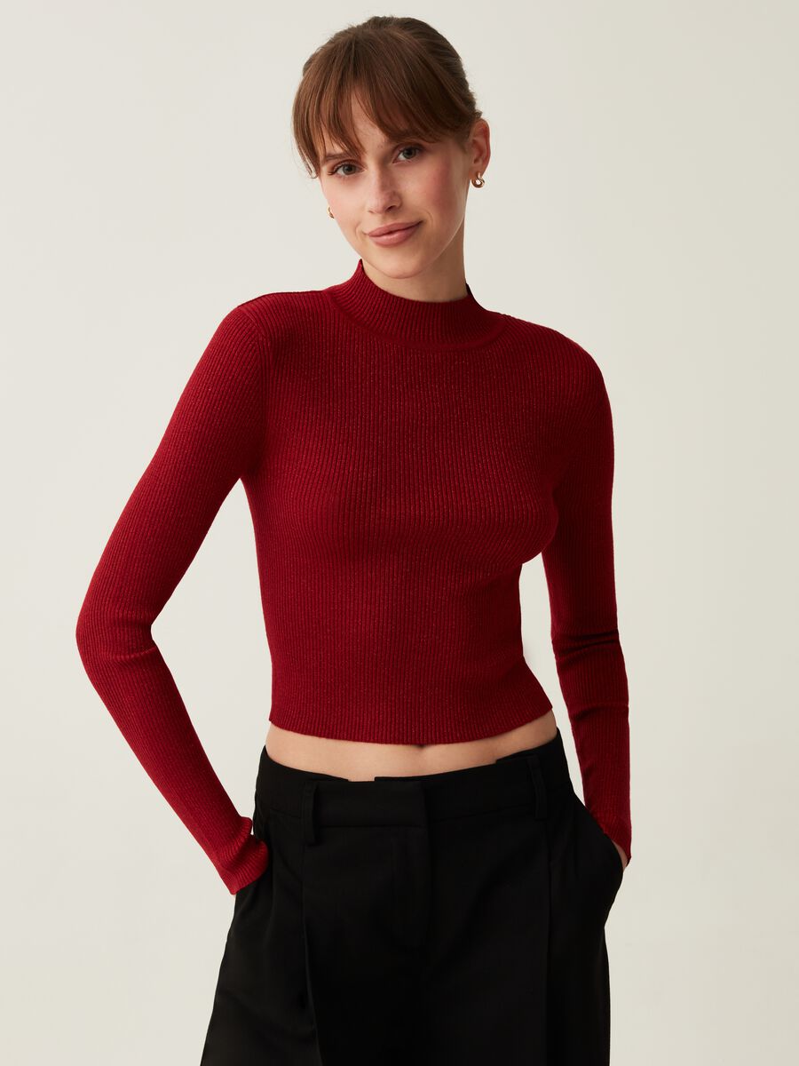 Maglia in lurex a costine con maniche lunghe_0