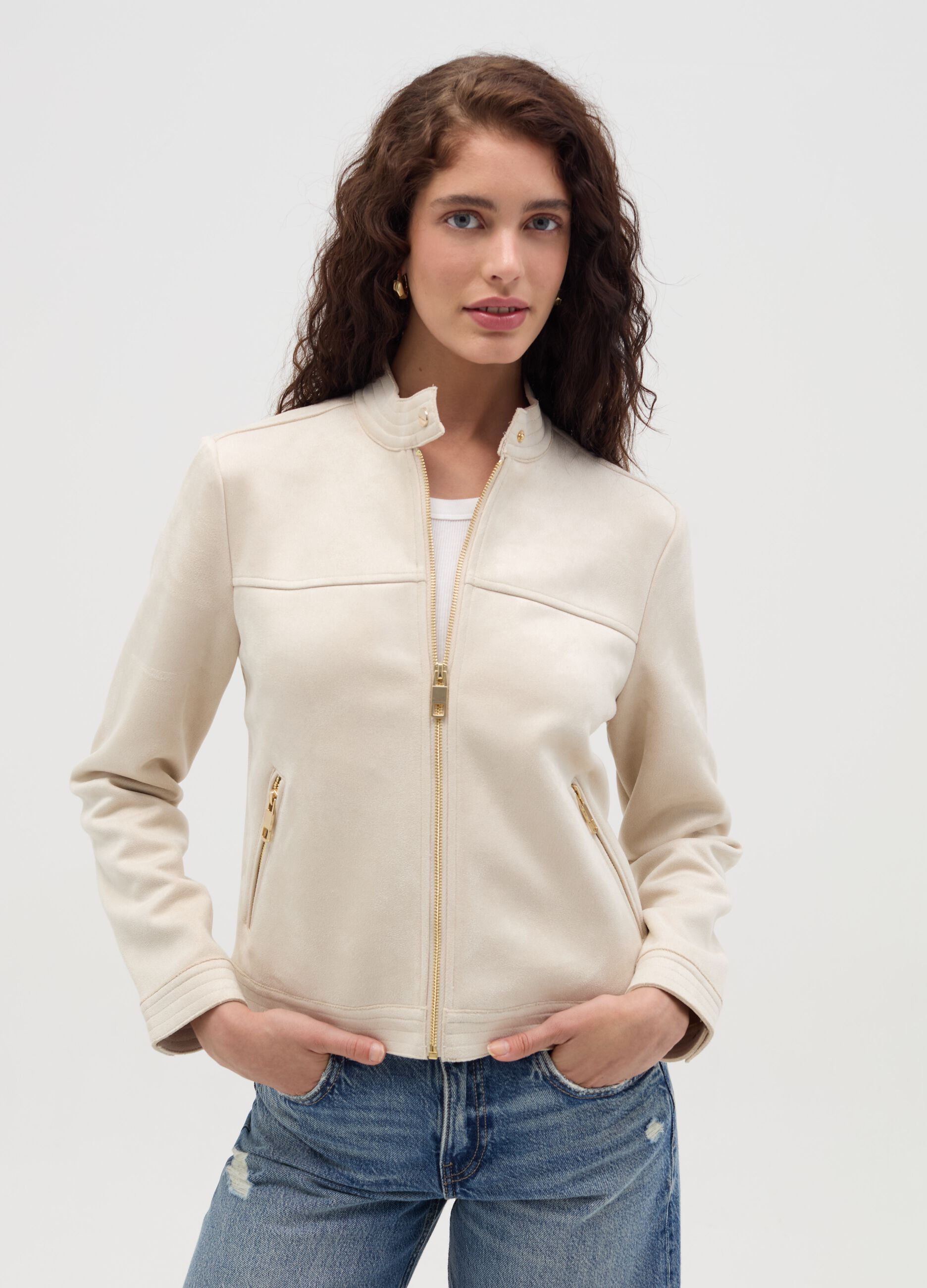 Short full-zip suede jacket