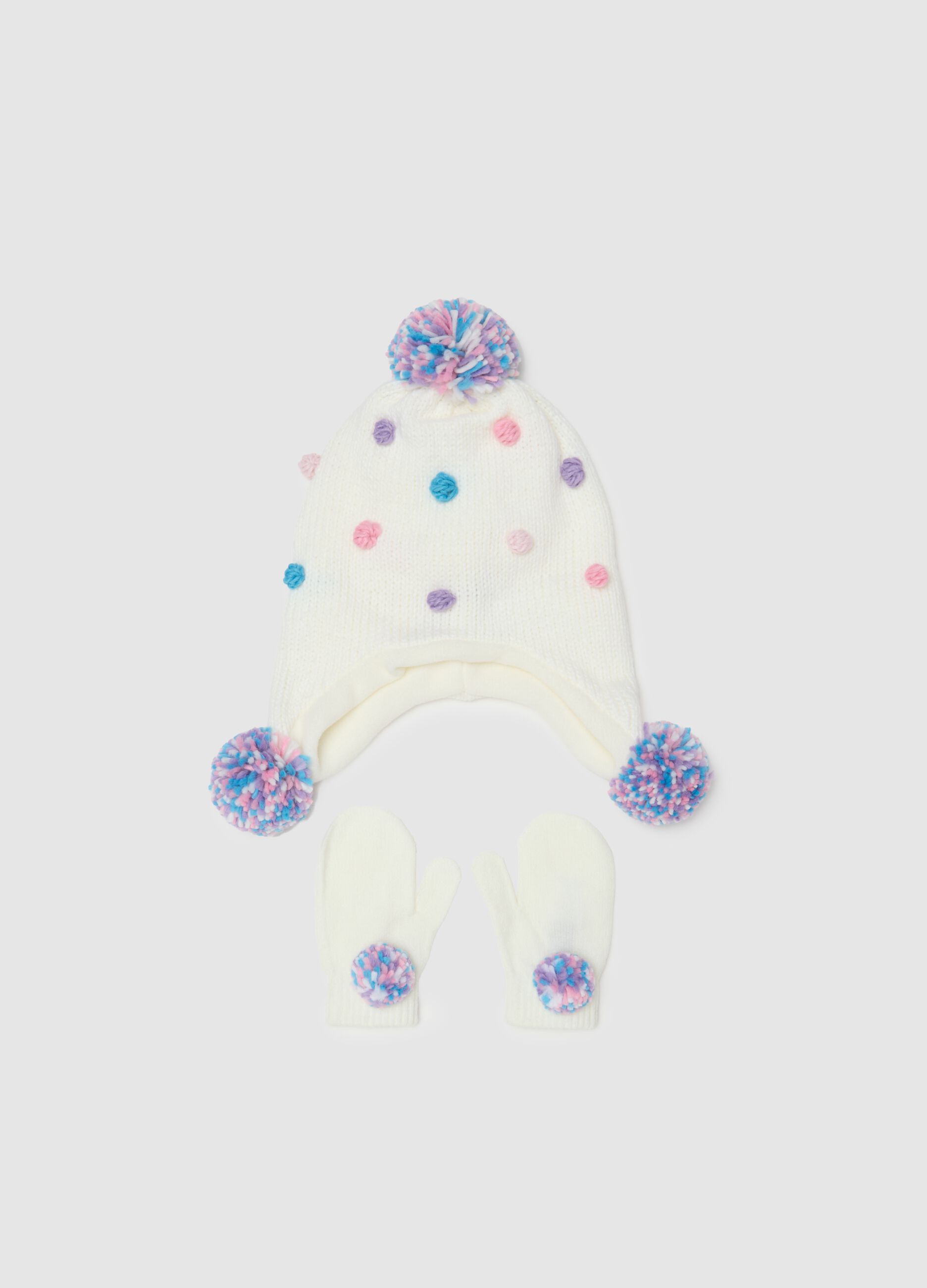 Multicoloured girl's hat with pom poms