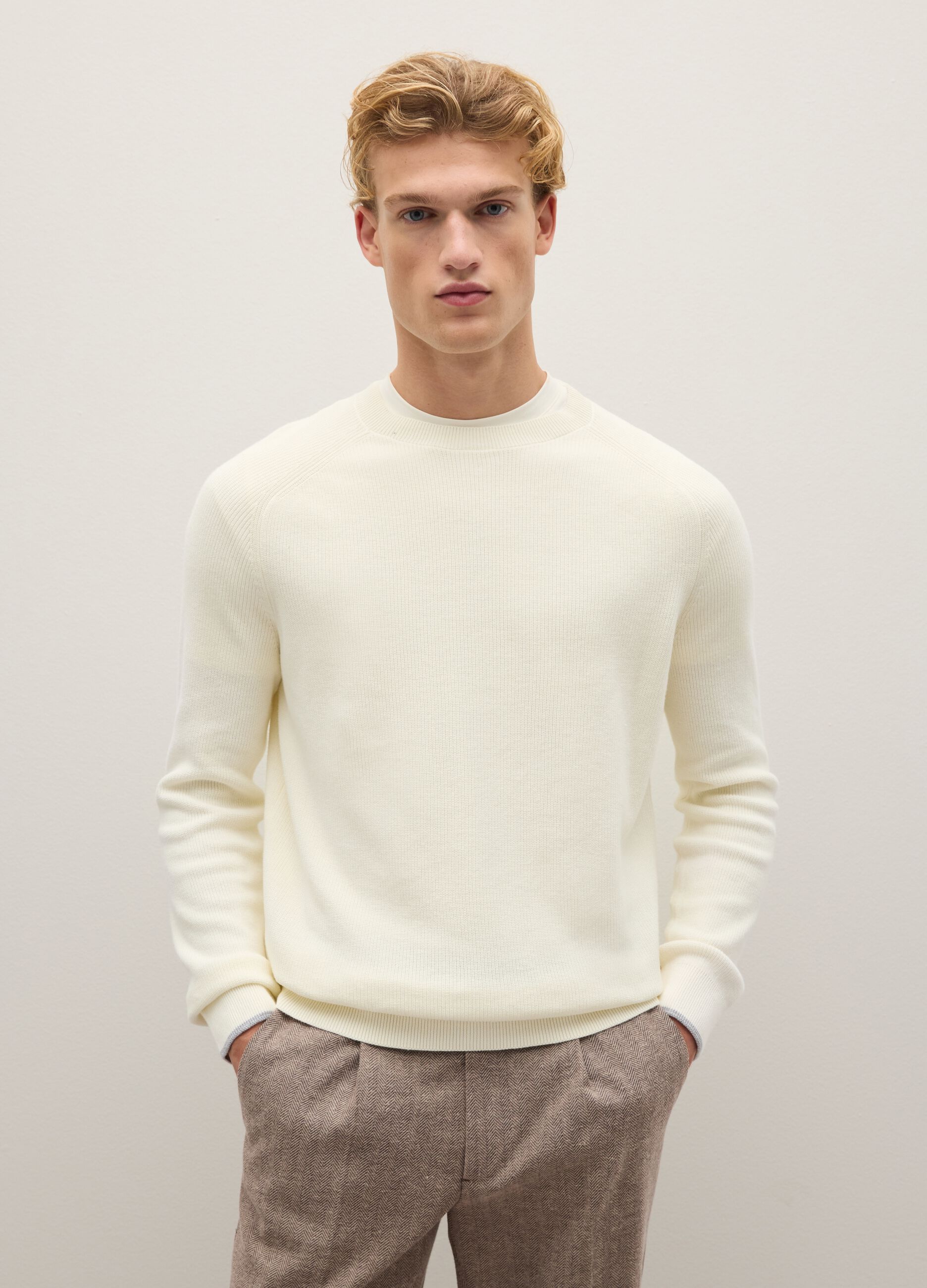 Beige pure cotton sweatshirt regular fit with crew neck