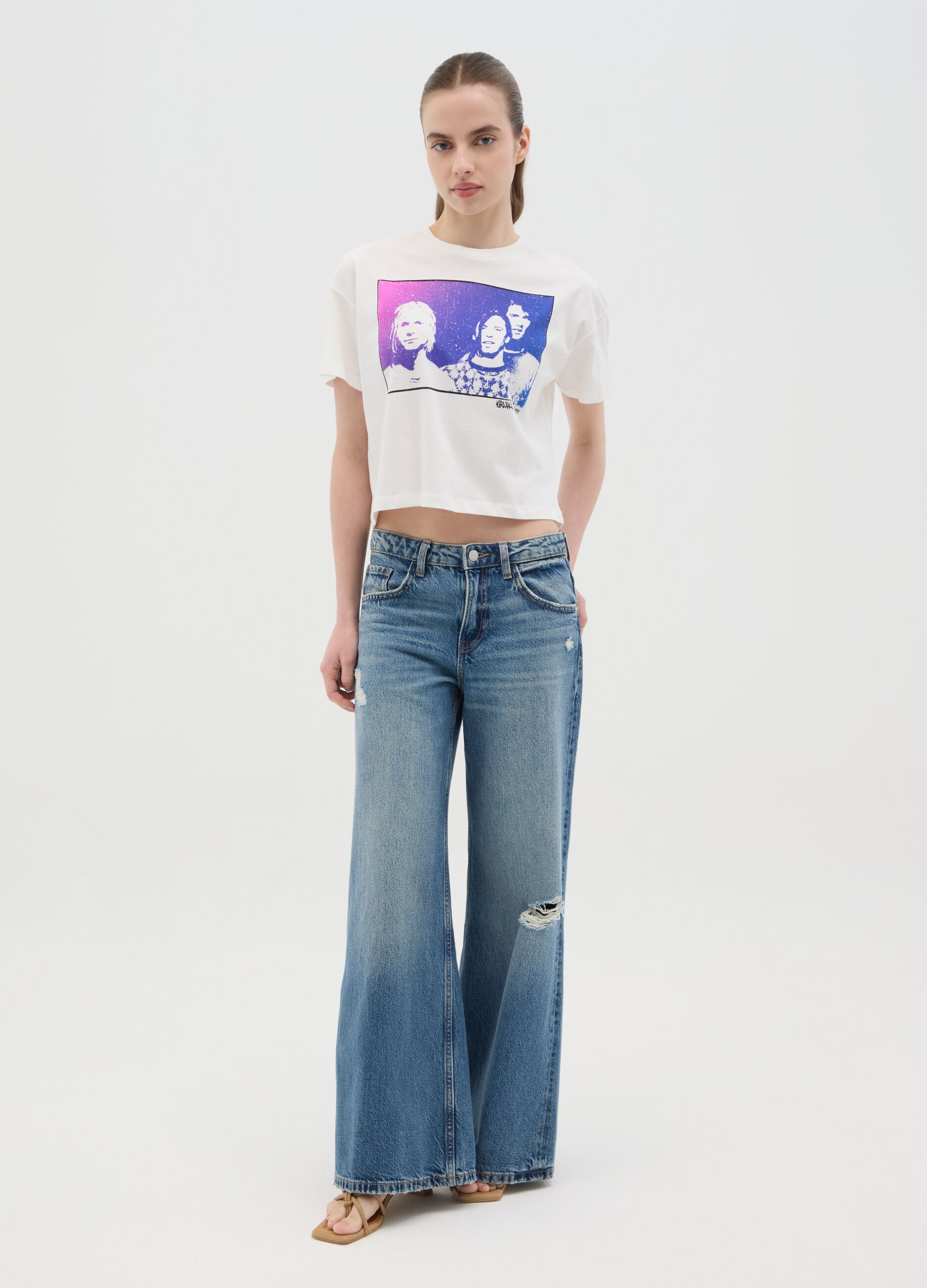 White boxy-fit T-shirt with Nirvana print