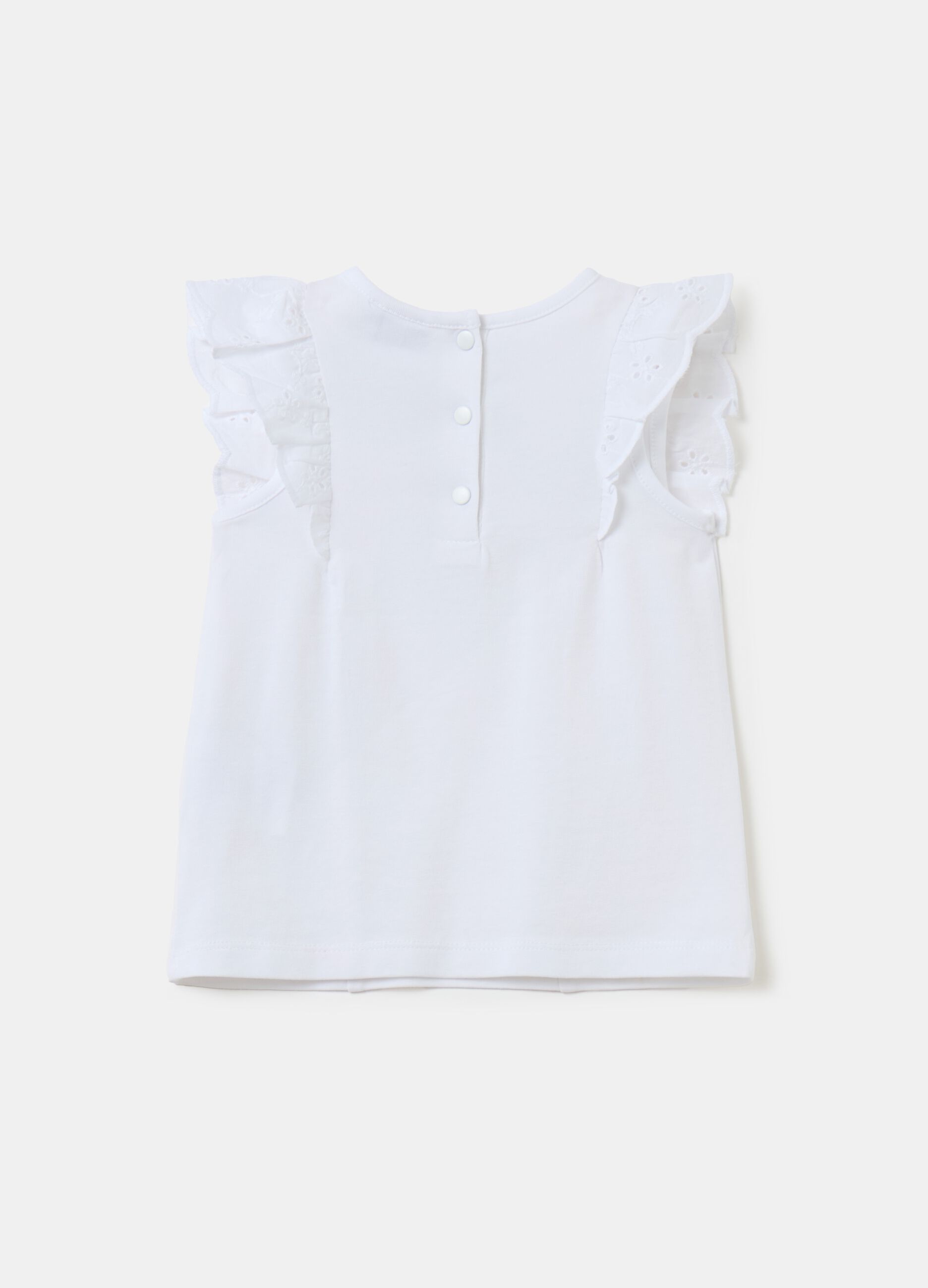 Sleeveless T-shirt with broderie anglaise frills