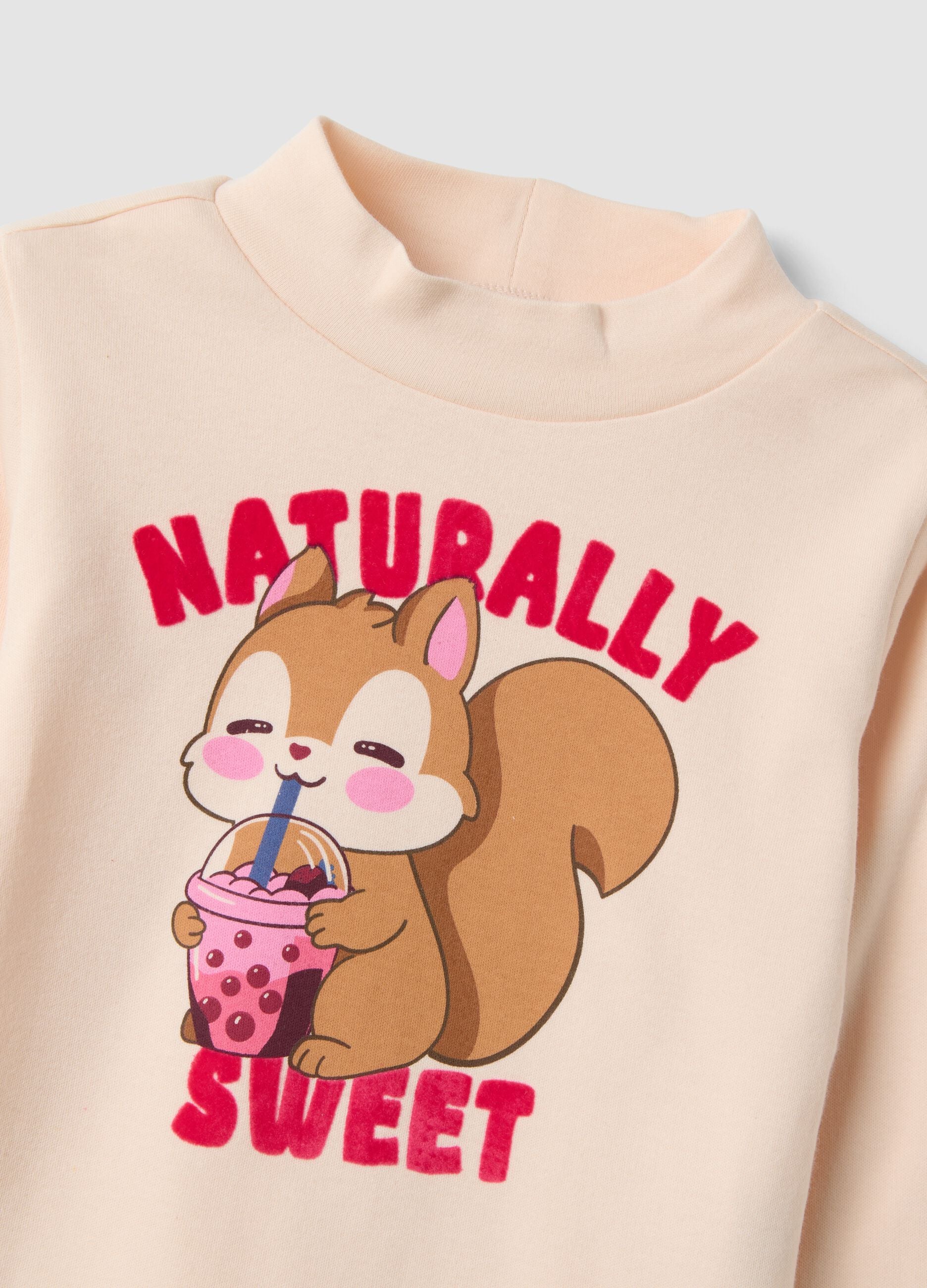 Pink long-sleeve T-shirt with high neck in pure organic cotton