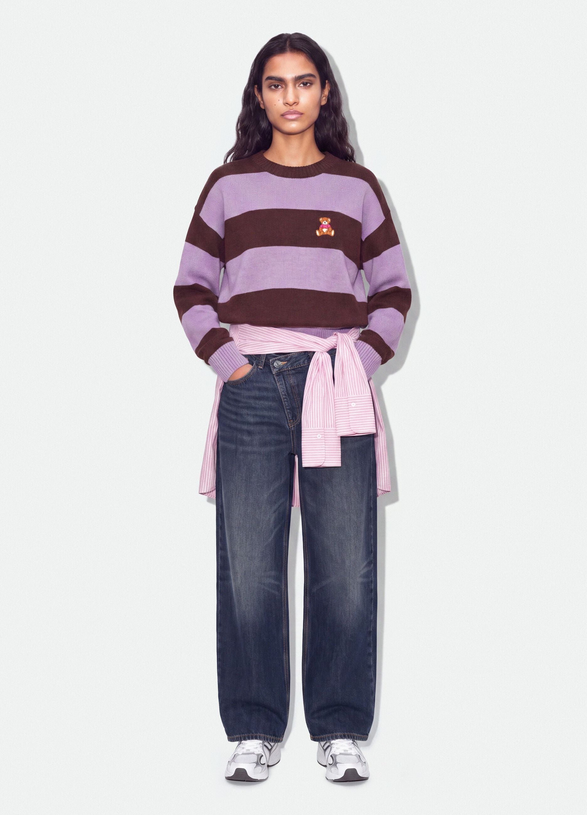 Multicolour striped viscose-blend jumper with teddy bear embroidery, regular fit