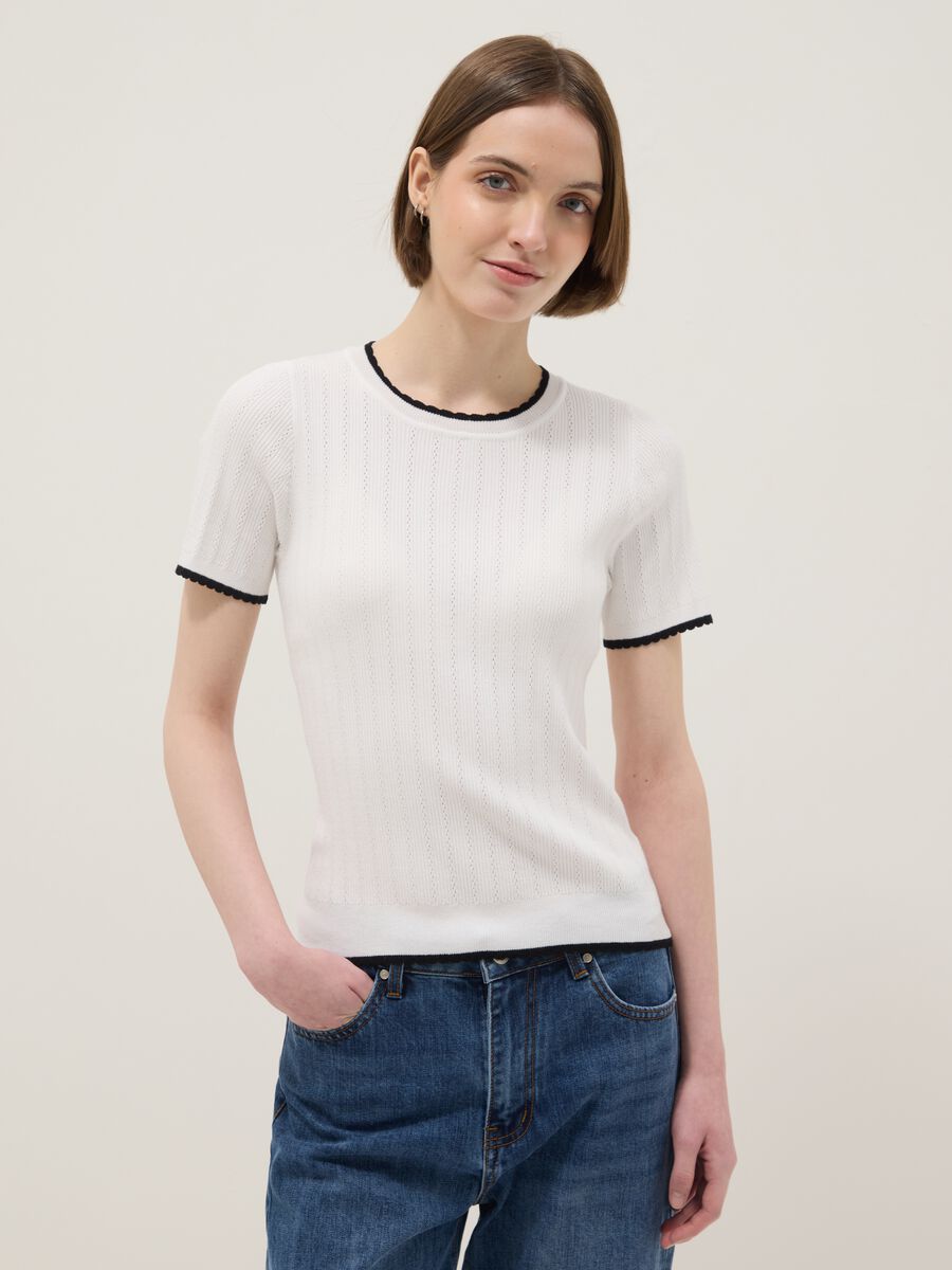 White viscose blend t-shirt regular fit with perforated details_1