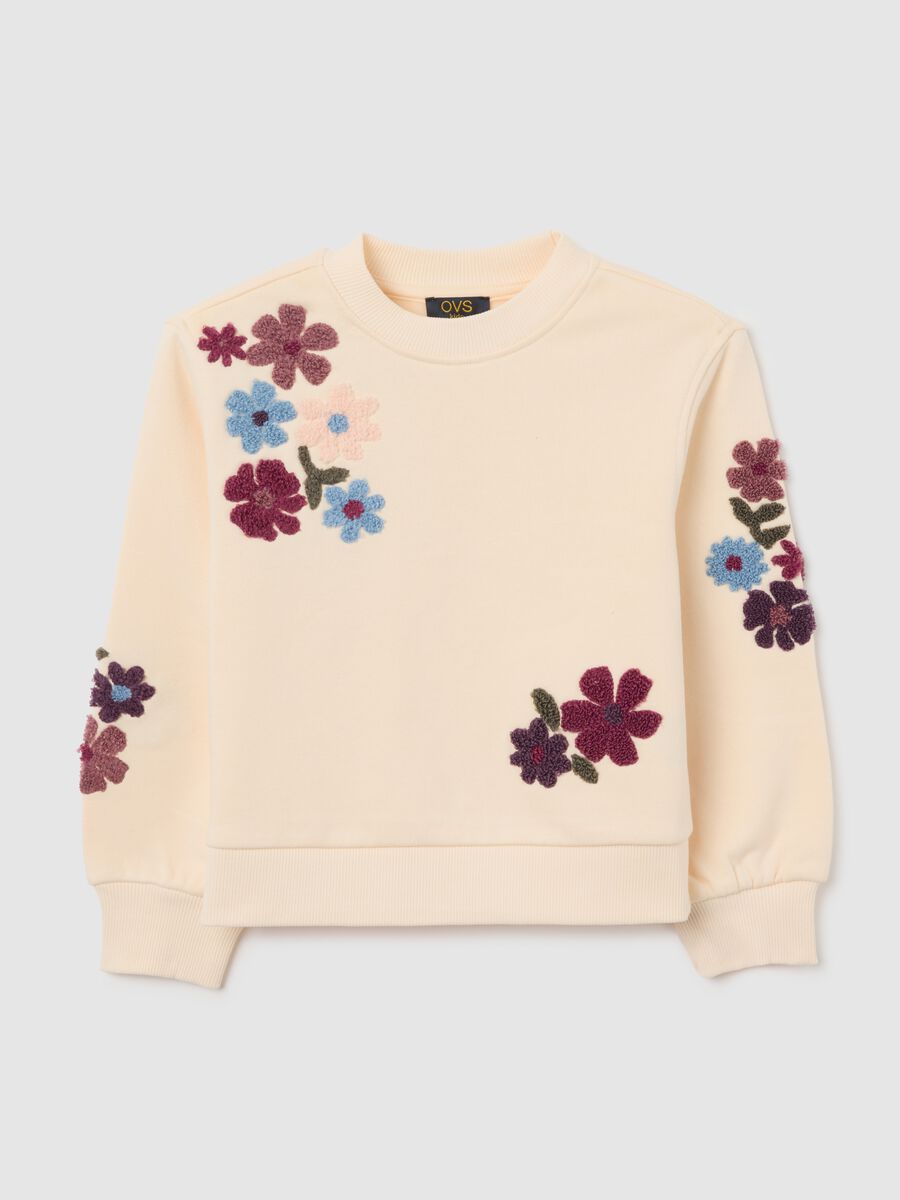 Felpa da bambina in misto cotone beige con ricami_0