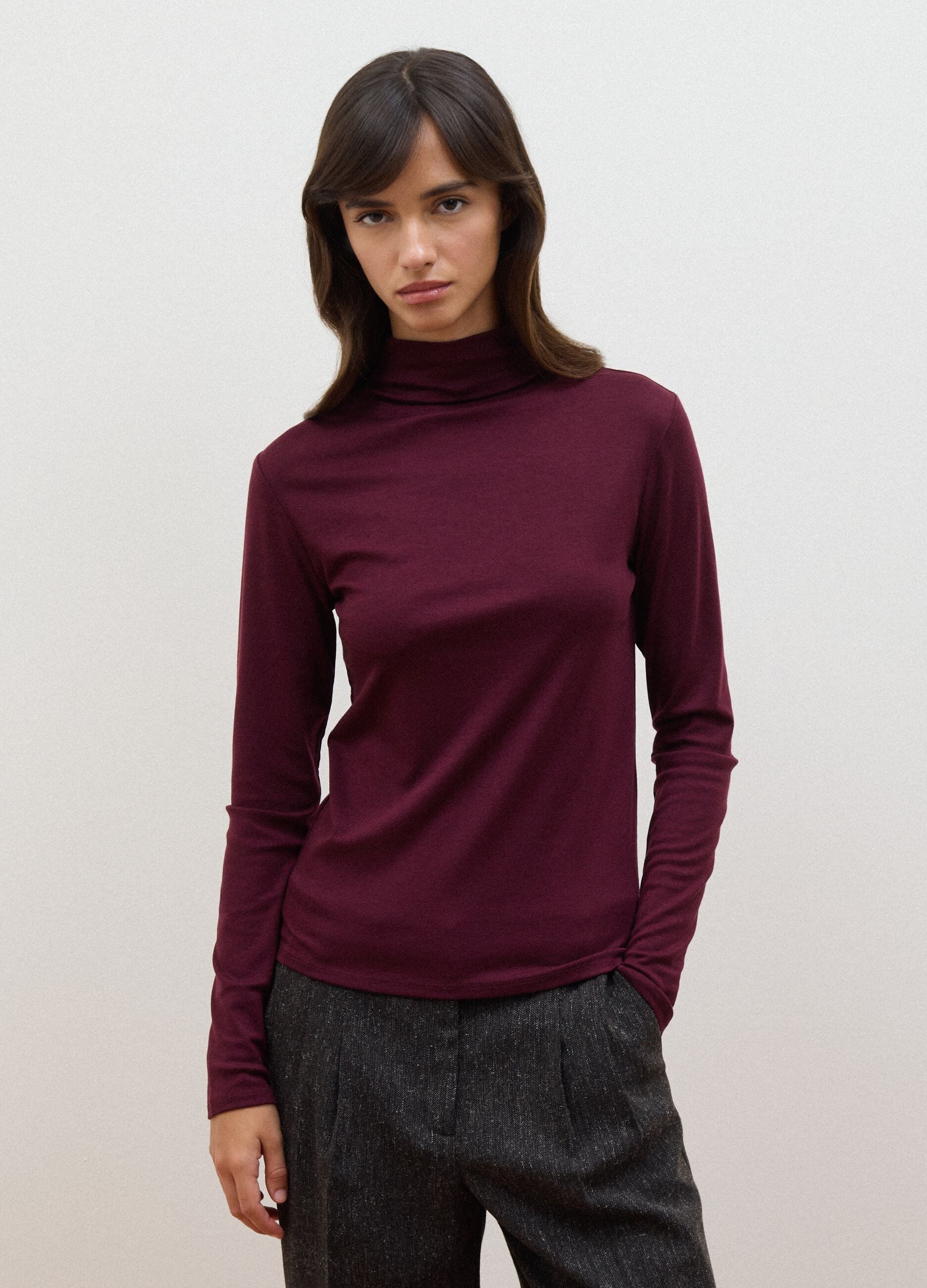 Purple lyocell and stretch wool mock-neck T-shirt, regular fit