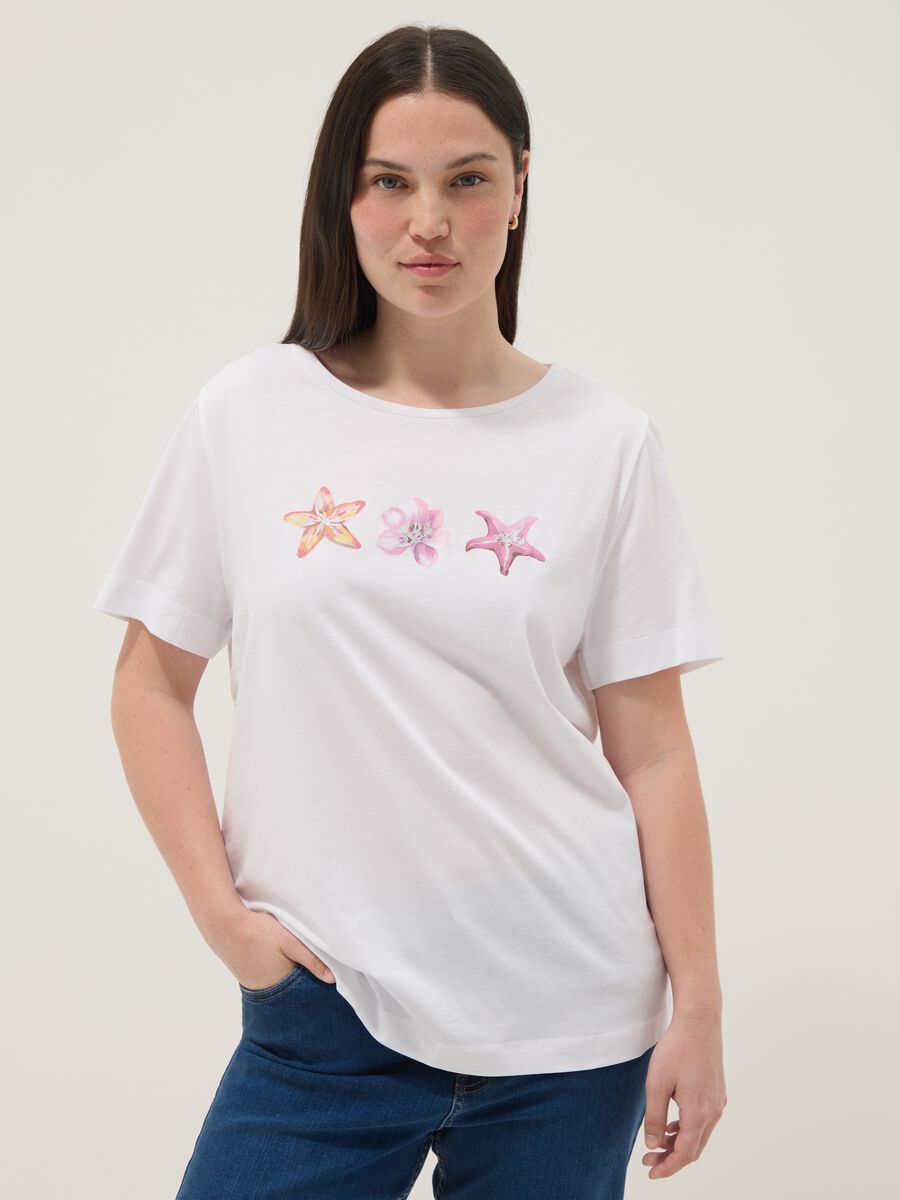 White pure cotton T-shirt with printed design, regular fit_0
