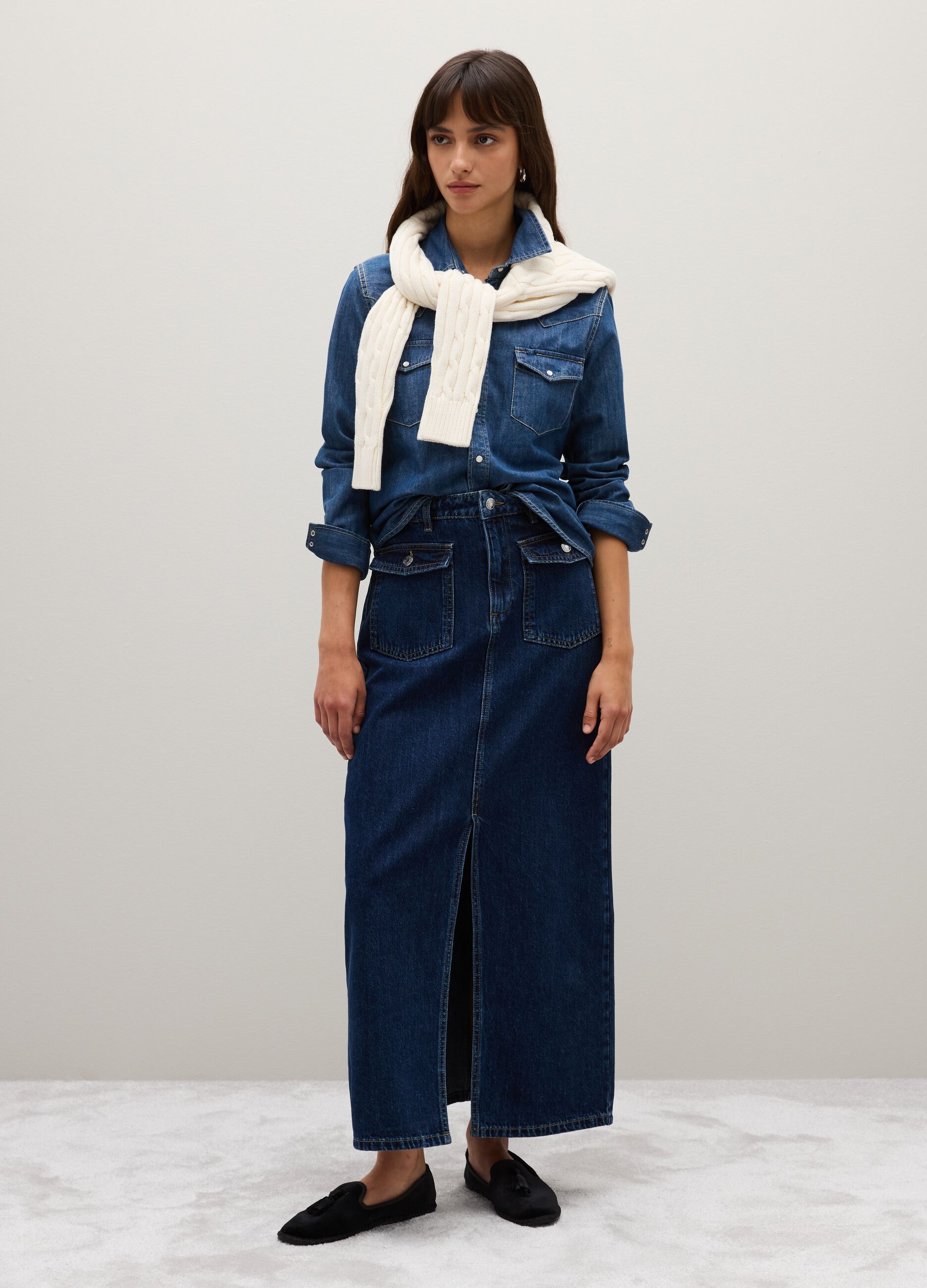 Gonna lunga in puro cotone blu regular fit