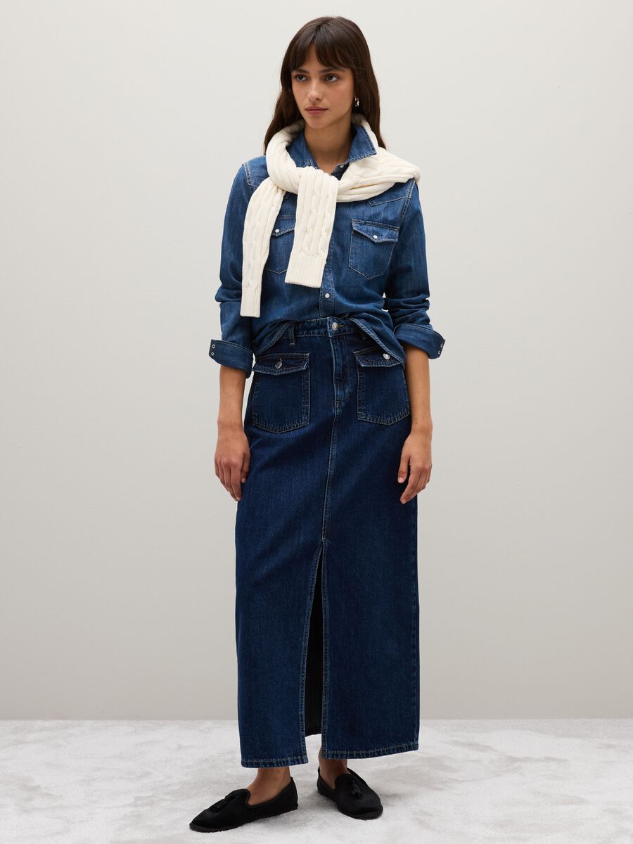Gonna lunga in puro cotone blu regular fit_0