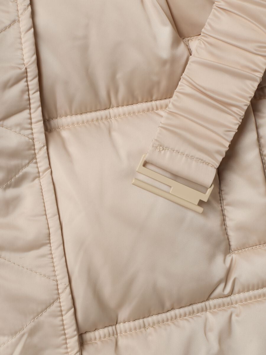 Beige long padded puffer coat with hood and belt_3