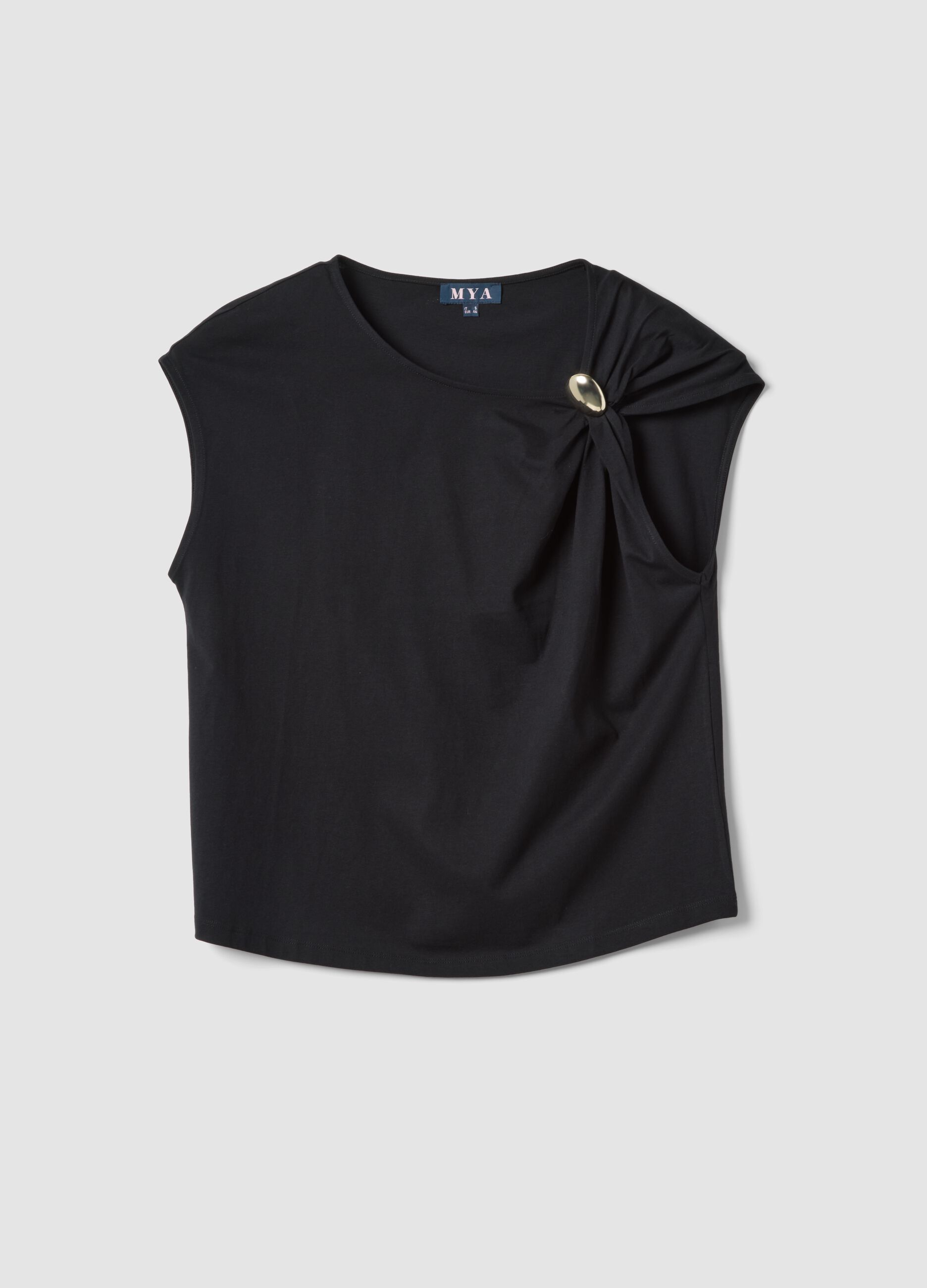 Black pure cotton T-shirt with draping and brooch