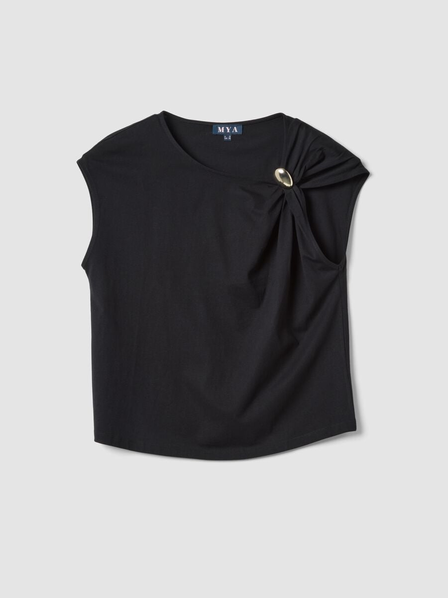 Black pure cotton T-shirt with draping and brooch_0