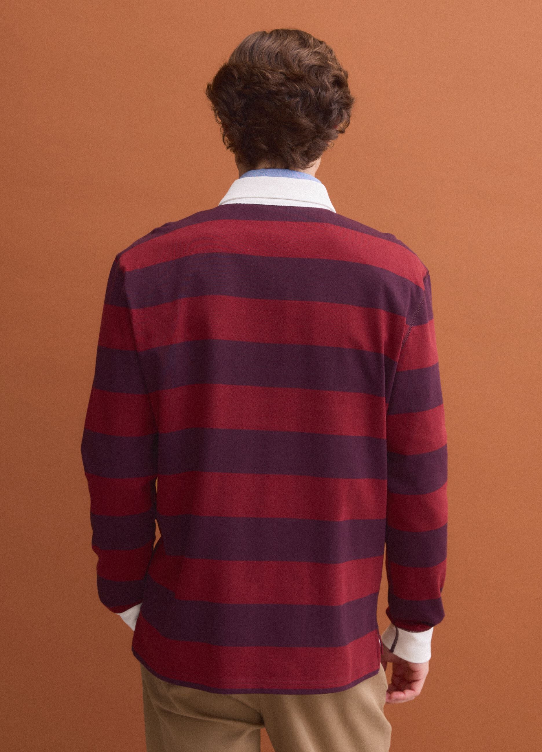 Red pure cotton striped long-sleeve rugby polo, regular fit