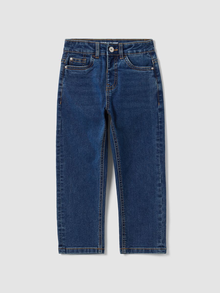 Jeans blu denim in cotone elasticizzato straight fit per bambino_0