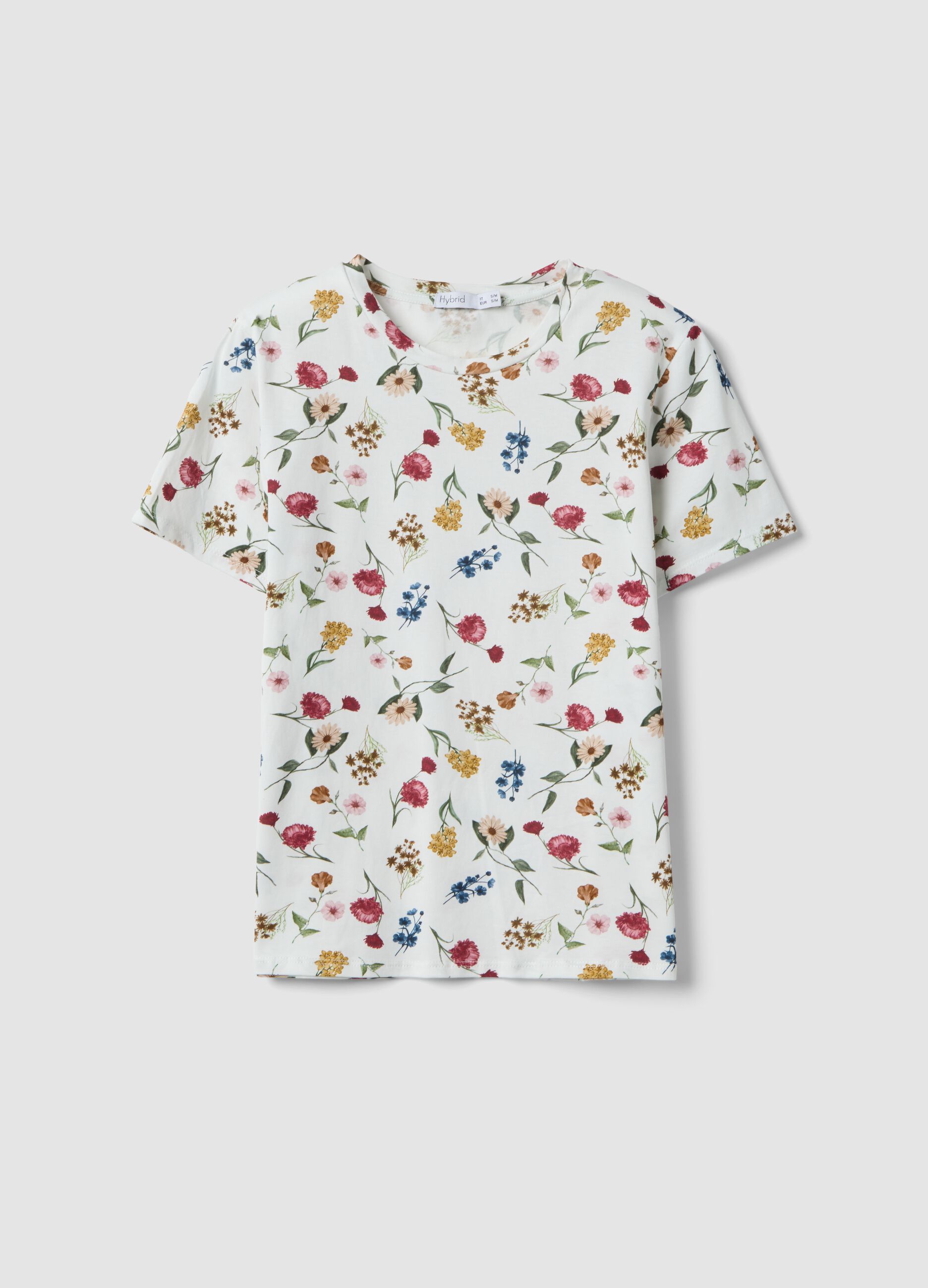 White stretch cotton T-shirt with floral print, regular fit