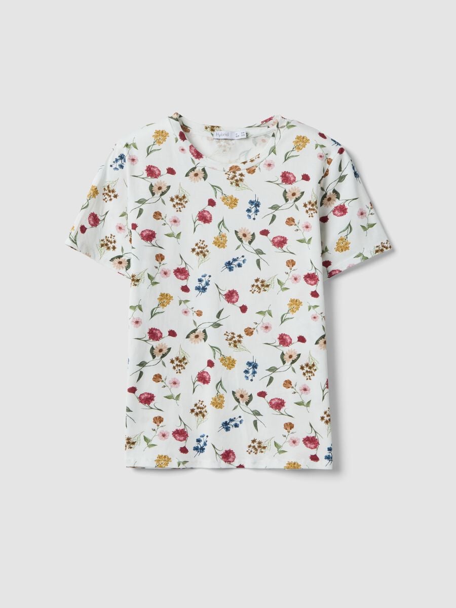 T-shirt bianca in cotone elasticizzato con stampa floreale regular fit_4