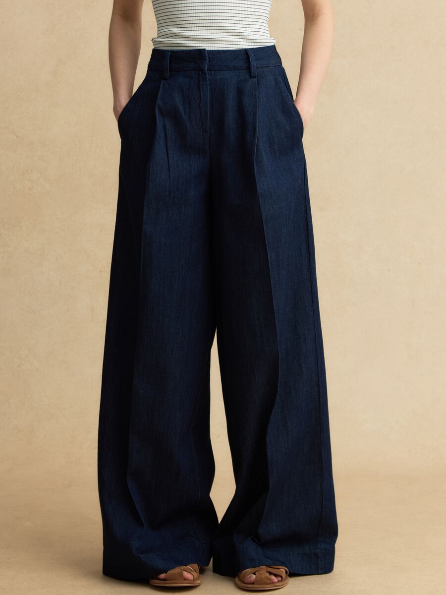 Wide-leg blue denim pure cotton trousers_1