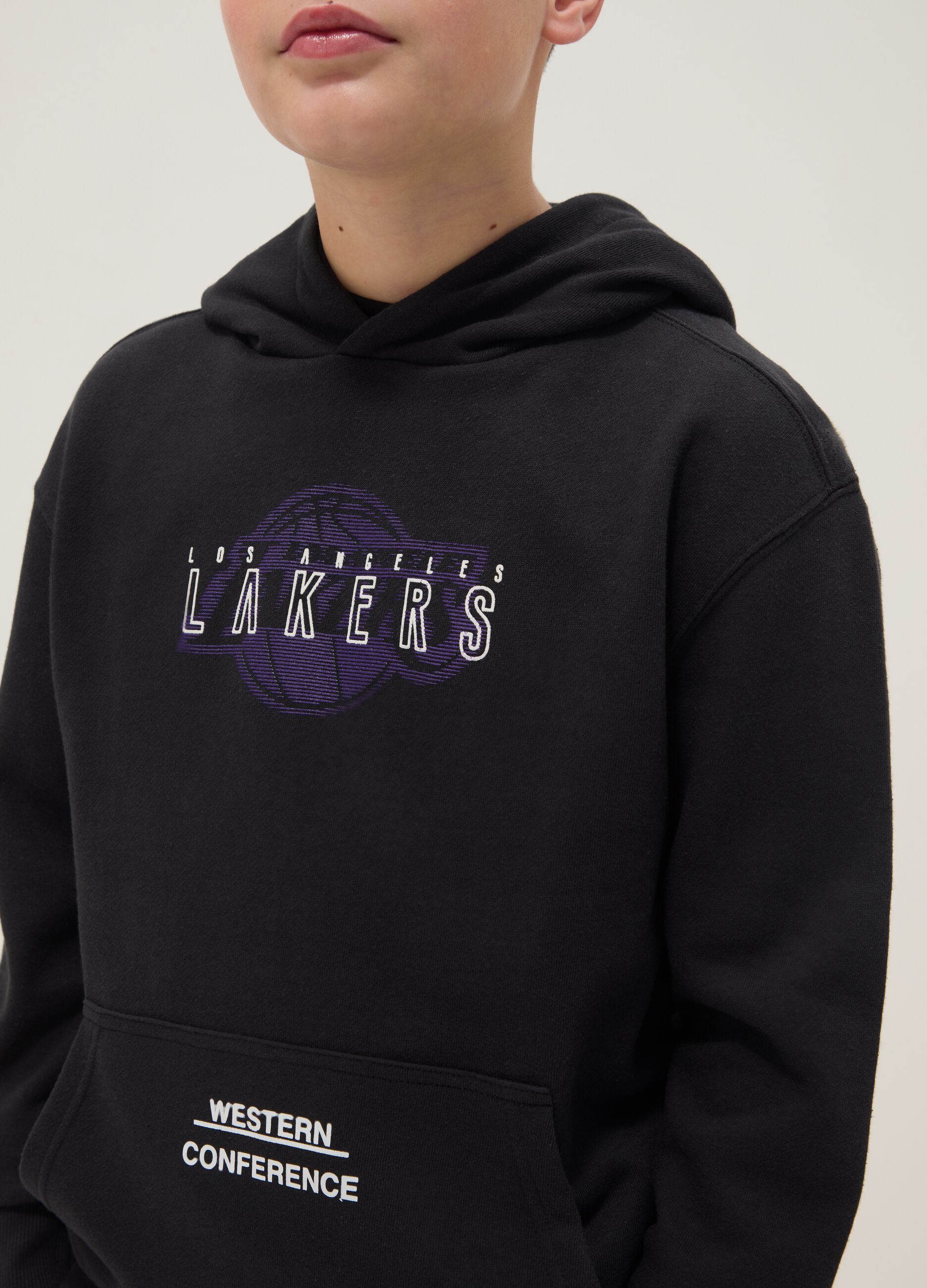 Kids' Regular Fit Pure Black Cotton Sweatshirt with Lakers Print