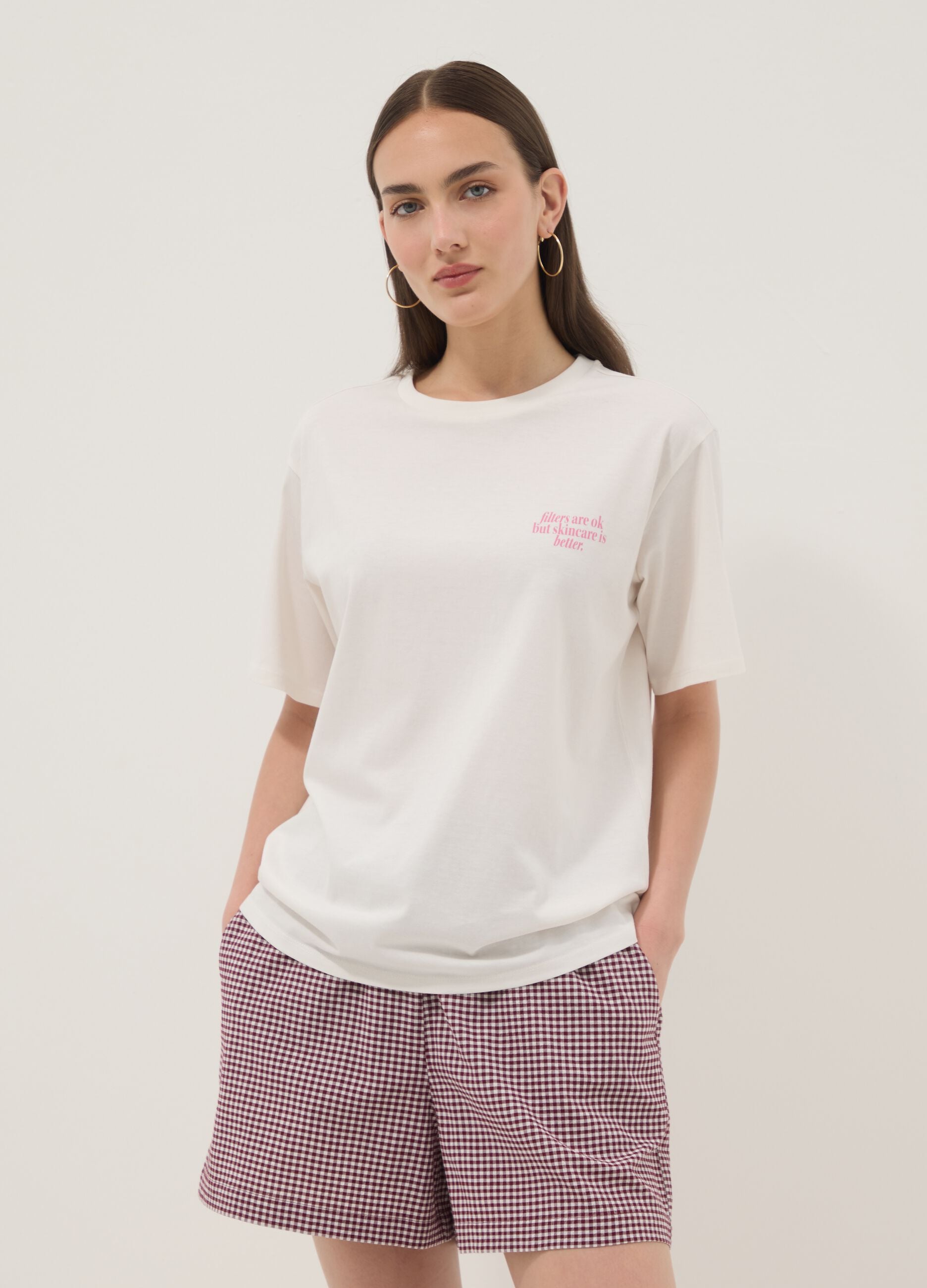 White pure cotton T-shirt with beauty slogan, relaxed fit