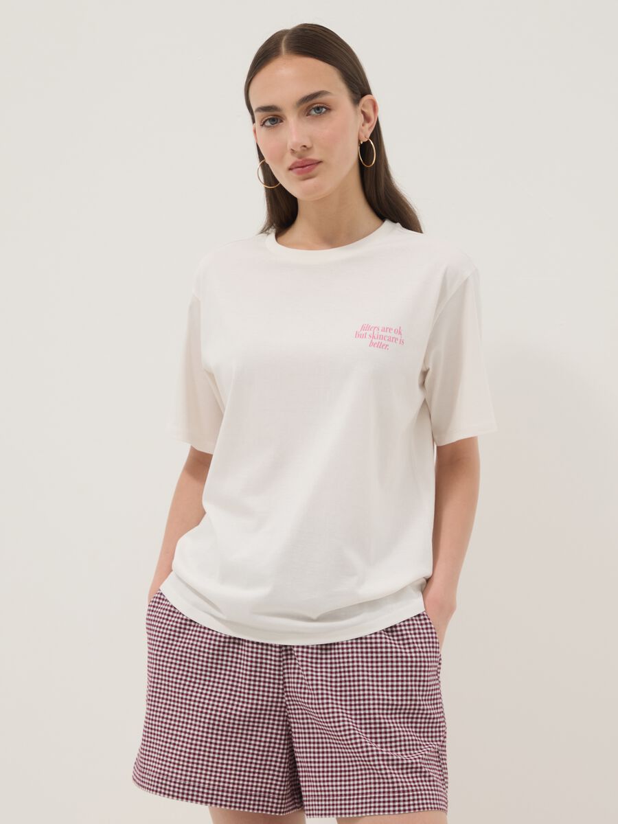 White pure cotton T-shirt with beauty slogan, relaxed fit_0