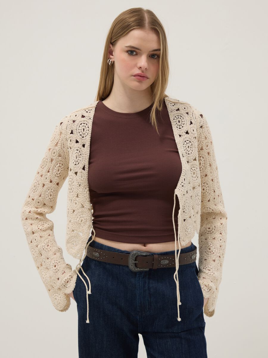 Beige cotton-blend regular-fit cardigan with openwork design_1