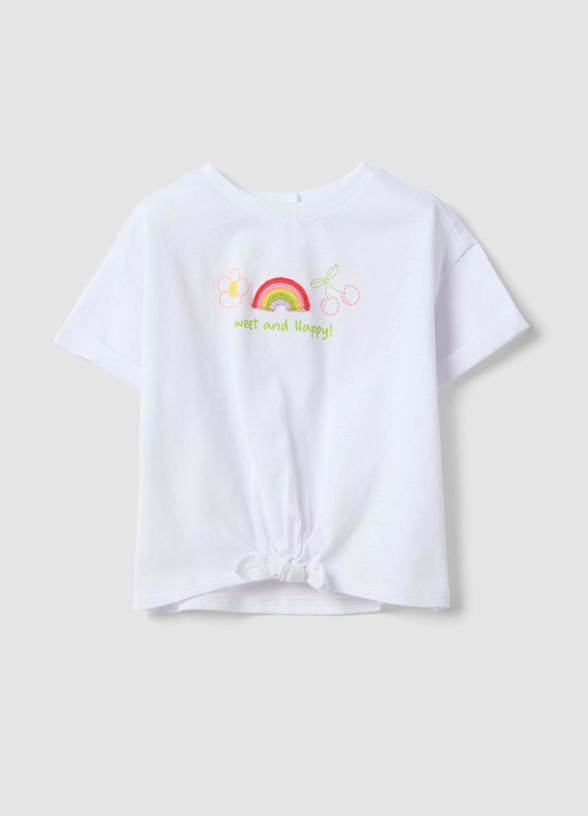 Girls&rsquo; white pure cotton regular-fit T-shirt with embroidery and bow