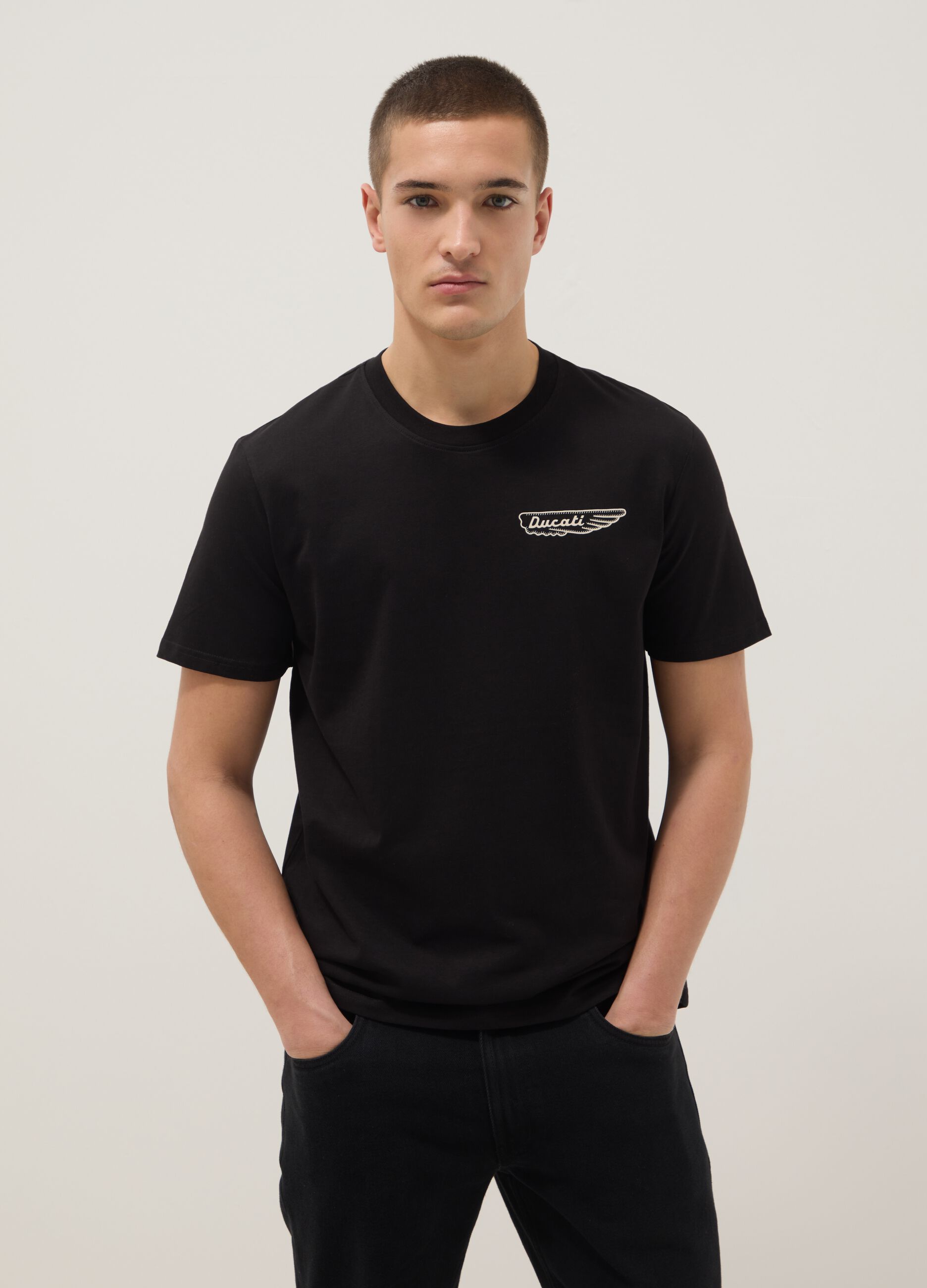 Black pure cotton regular fit t-shirt with Ducati print