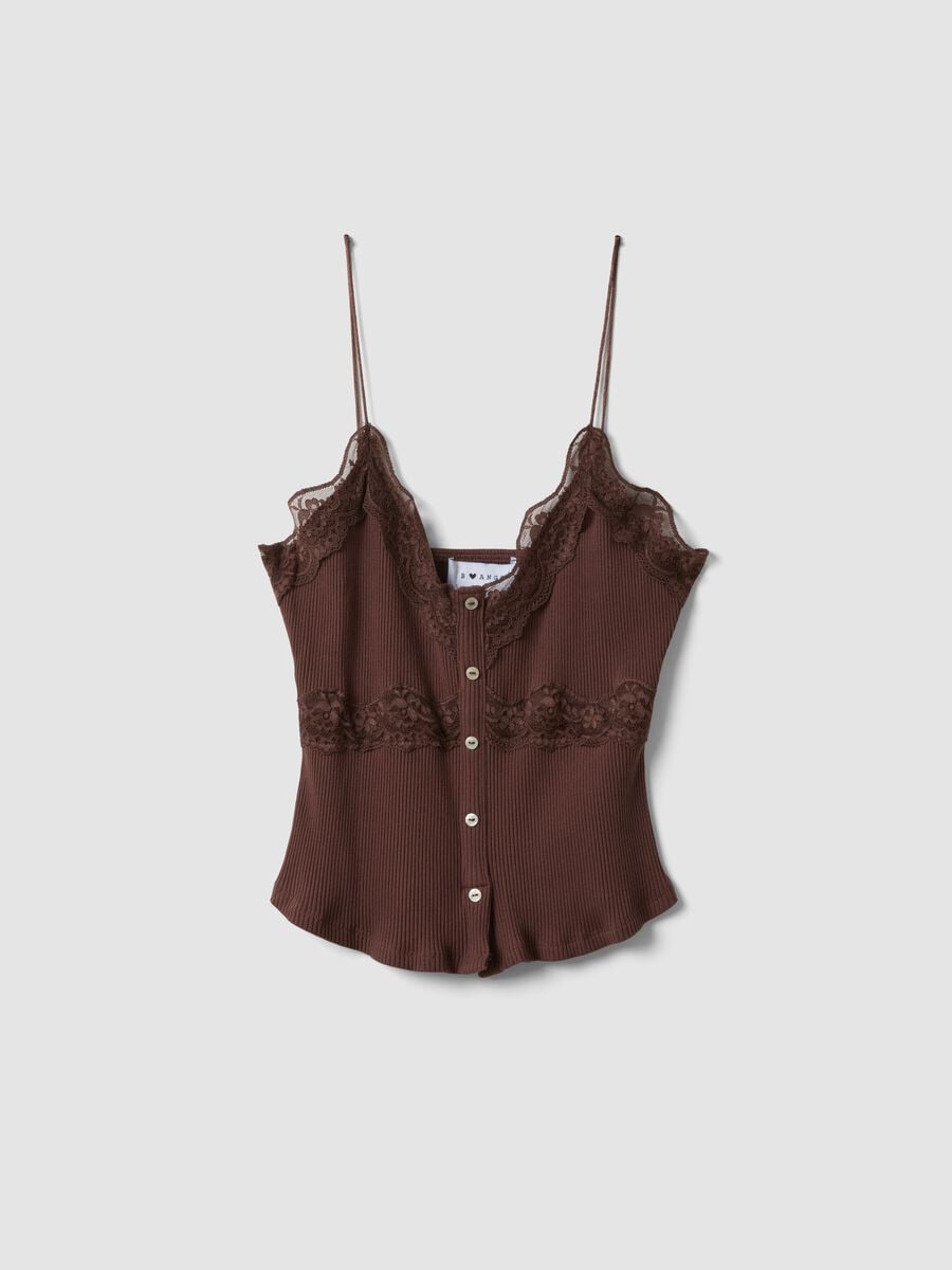 Brown stretch cotton fitted top with lace trim_4