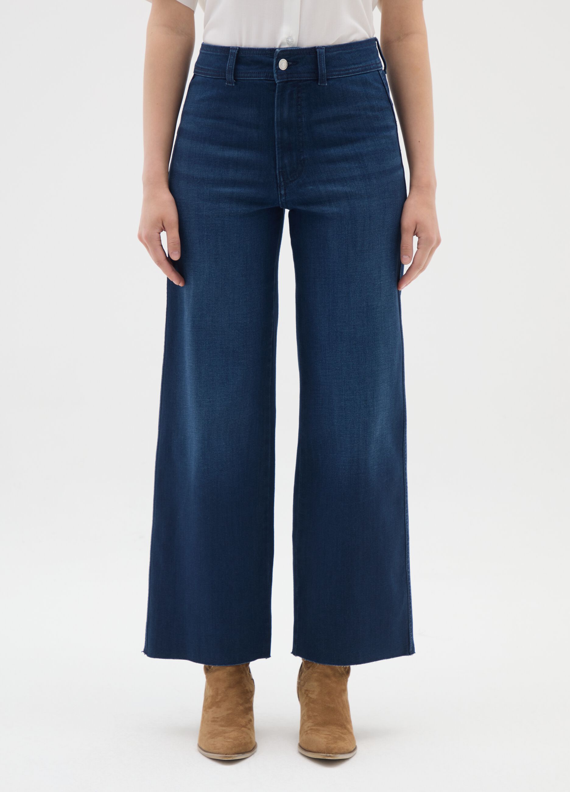 Blue Wide Leg Stretch Cotton Blend Jeans