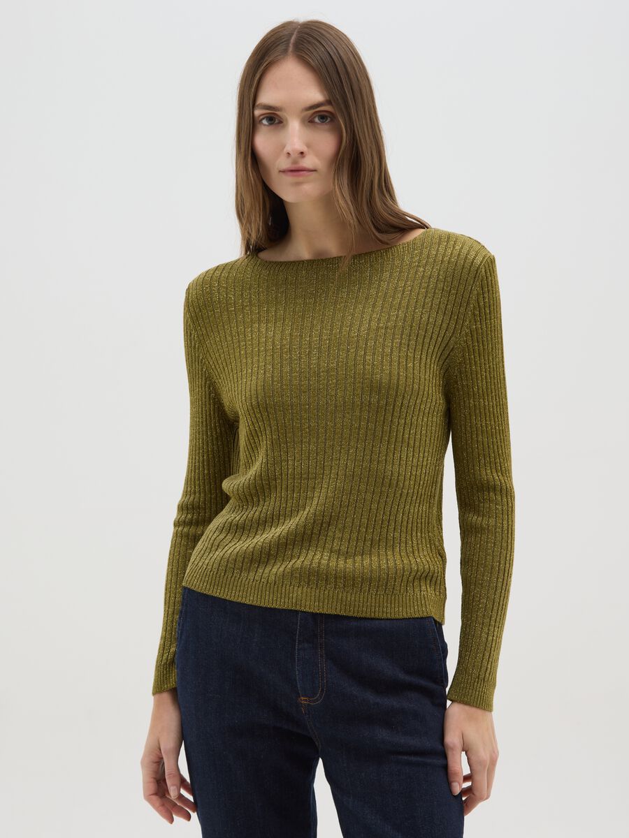 Maglia a costine verde con fibre metalliche_0