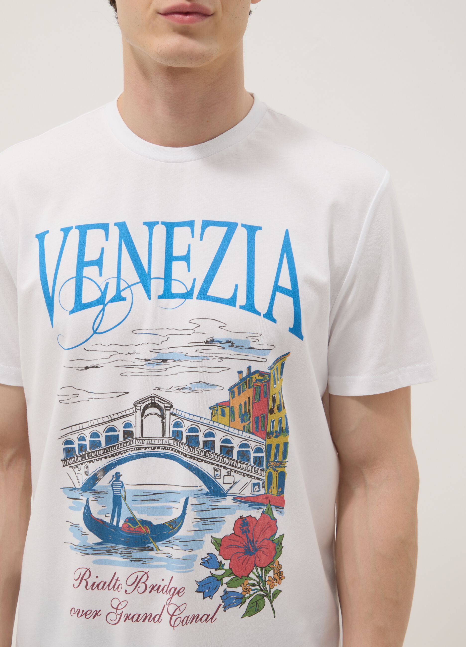 White 100% cotton T-shirt with graphic print, regular fit