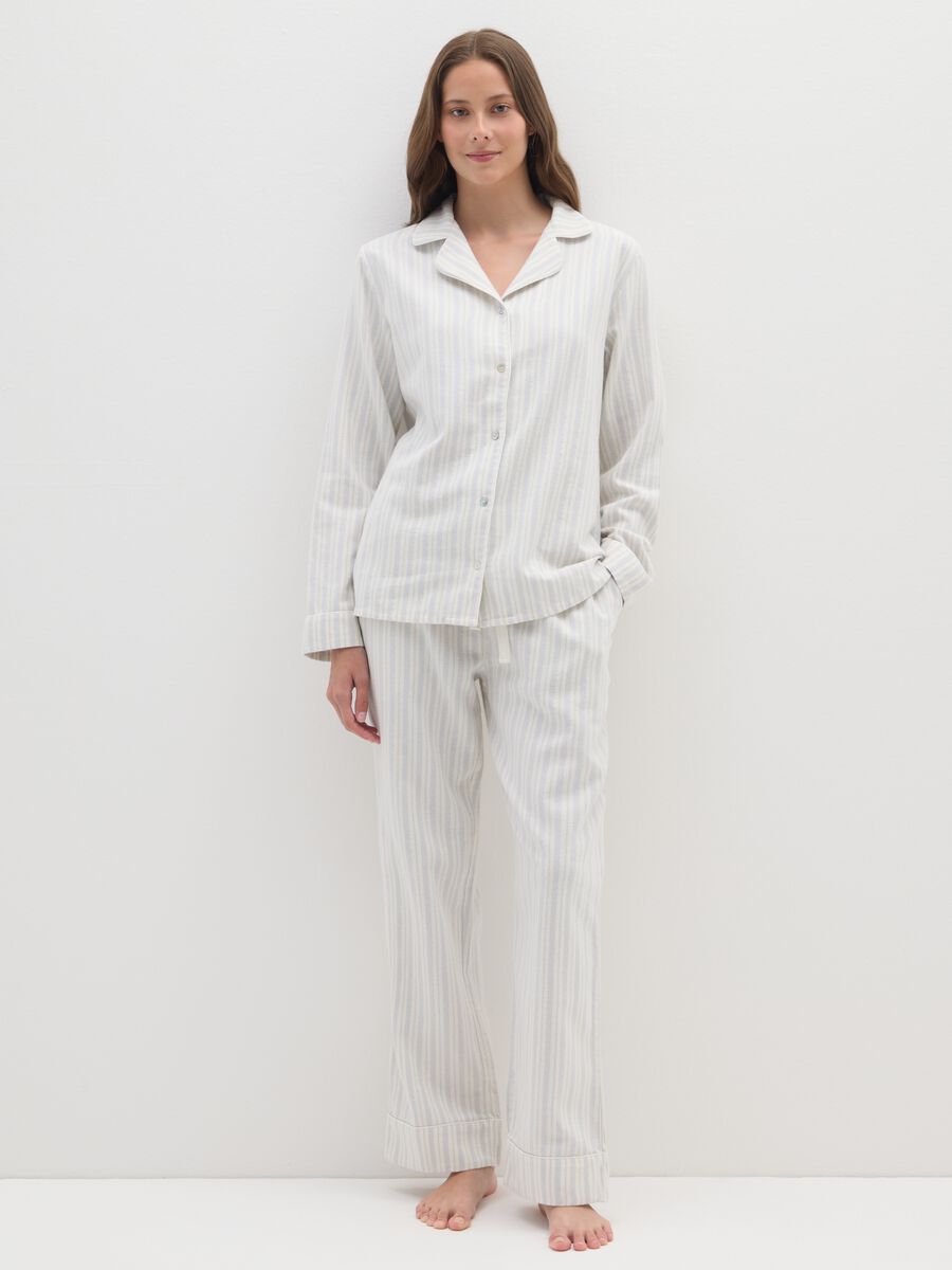 White cotton blend striped regular fit pyjamas_0
